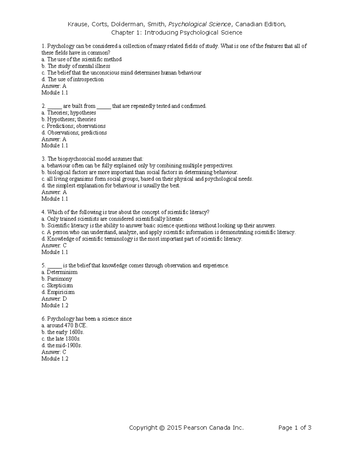 Chapter 1 Practice Questions - Chapter 1: Introducing Psychological ...