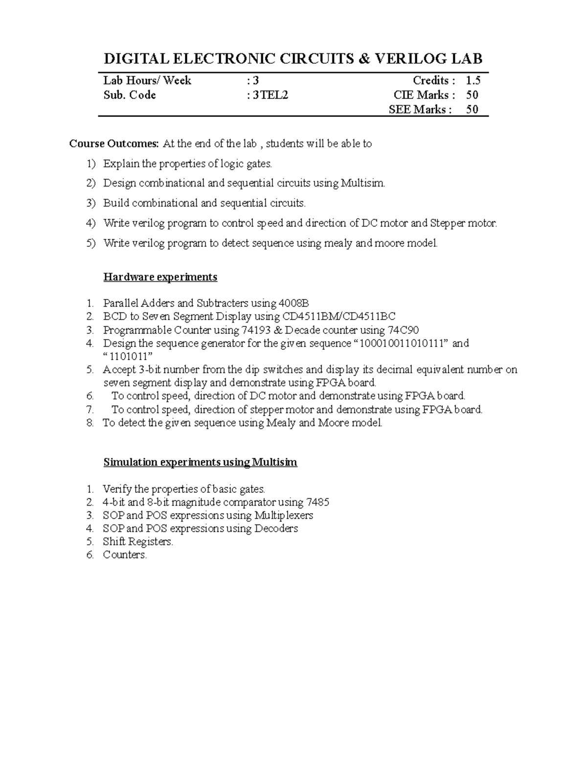 DEC lab Syllabus DIGITAL ELECTRONIC CIRCUITS & VERILOG LAB Lab Hours