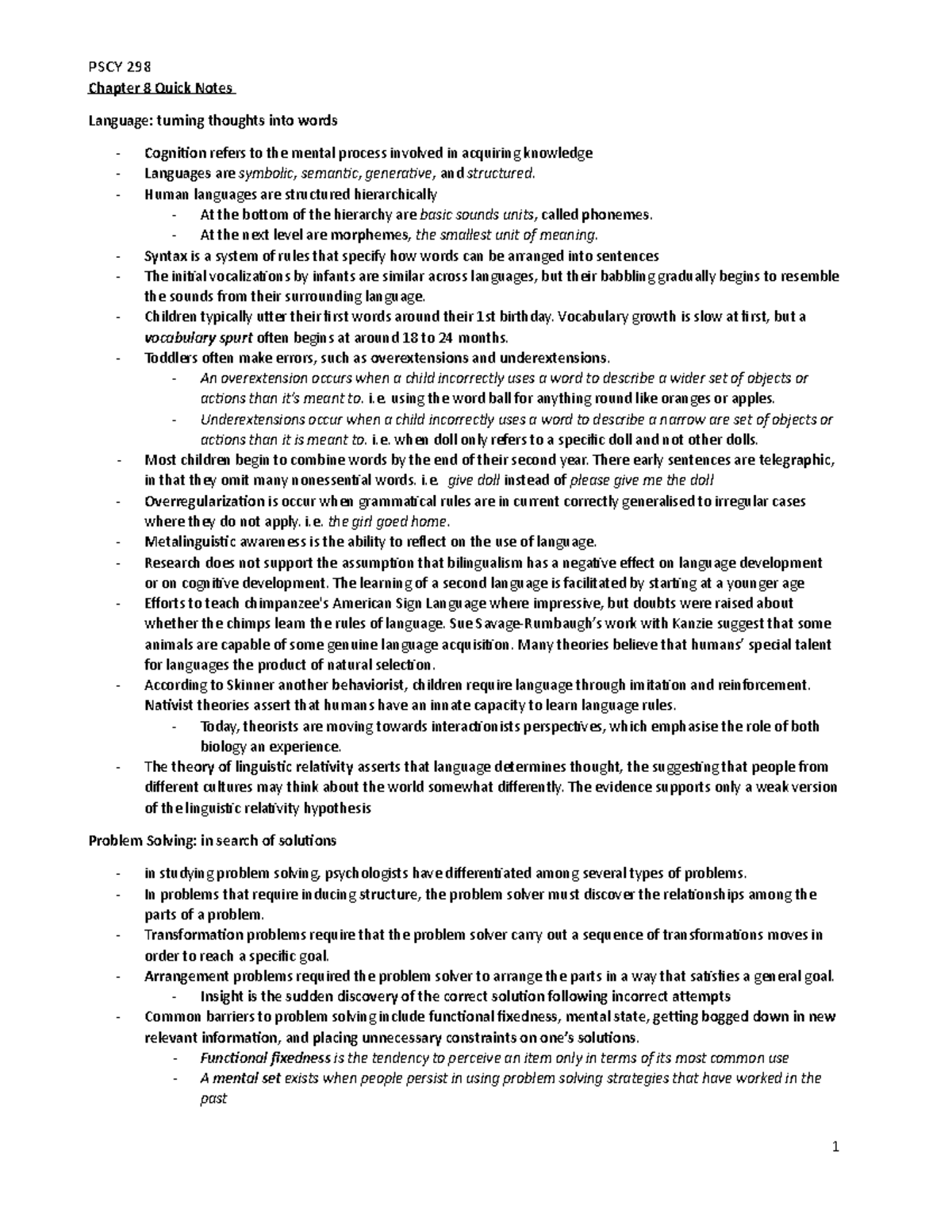 Chapter 8 Quick Notes - PSCY 298 Chapter 8 Quick Notes Language ...