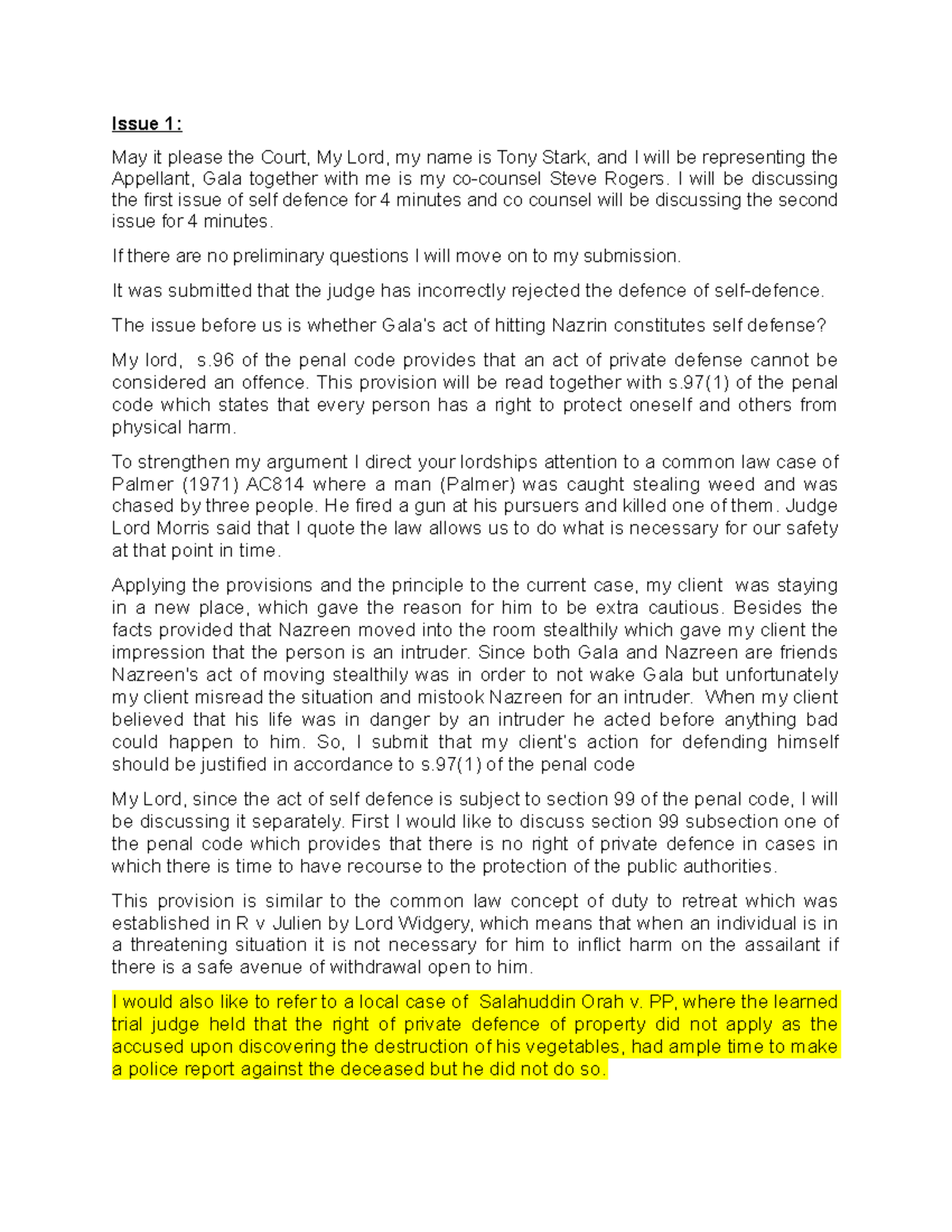 Moot Oral script - Gala v PP for the defense counsel - Issue 1: May it ...