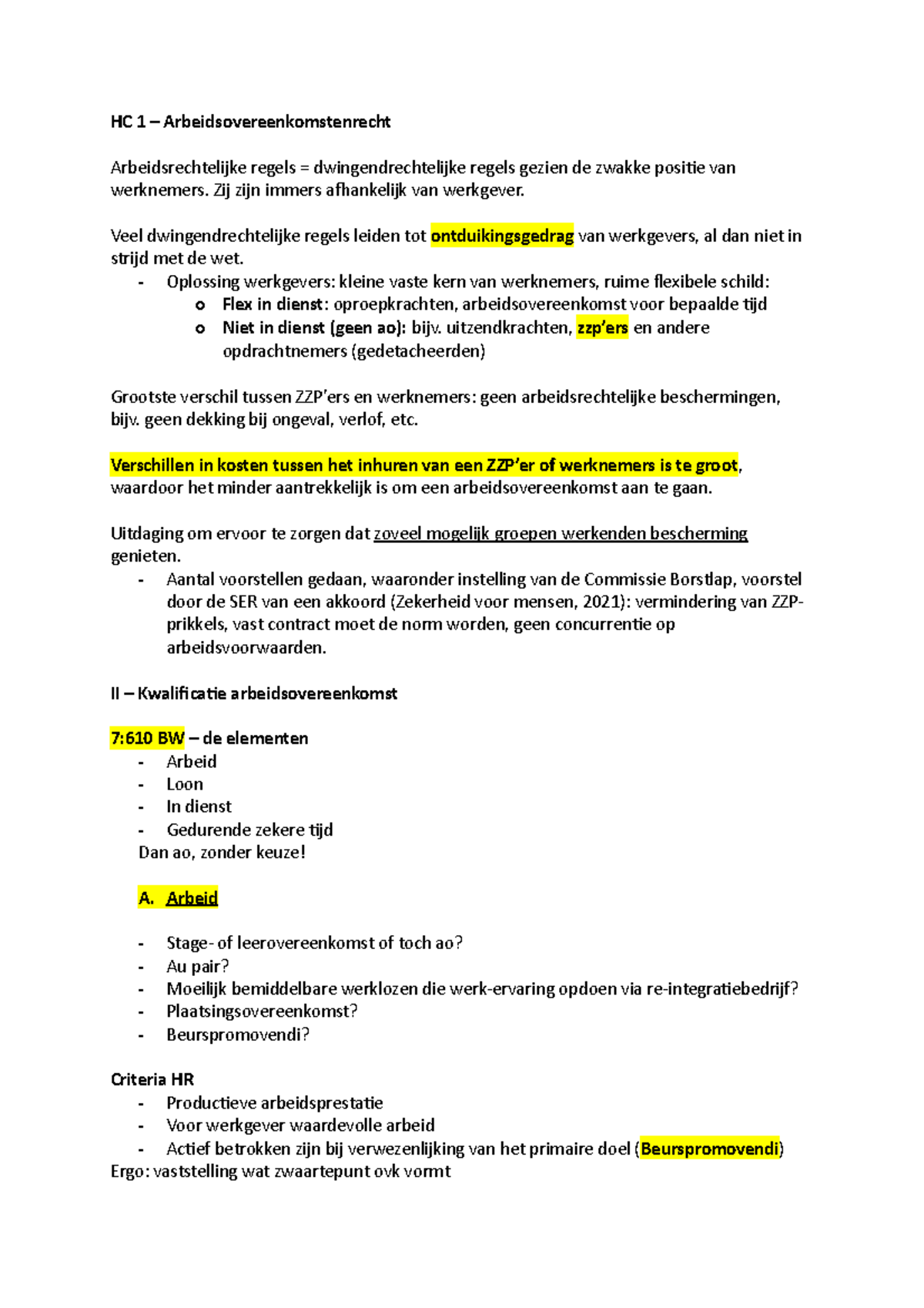 Arbeidsovereenkomstenrecht HC Week 1-7 - HC 1 ...