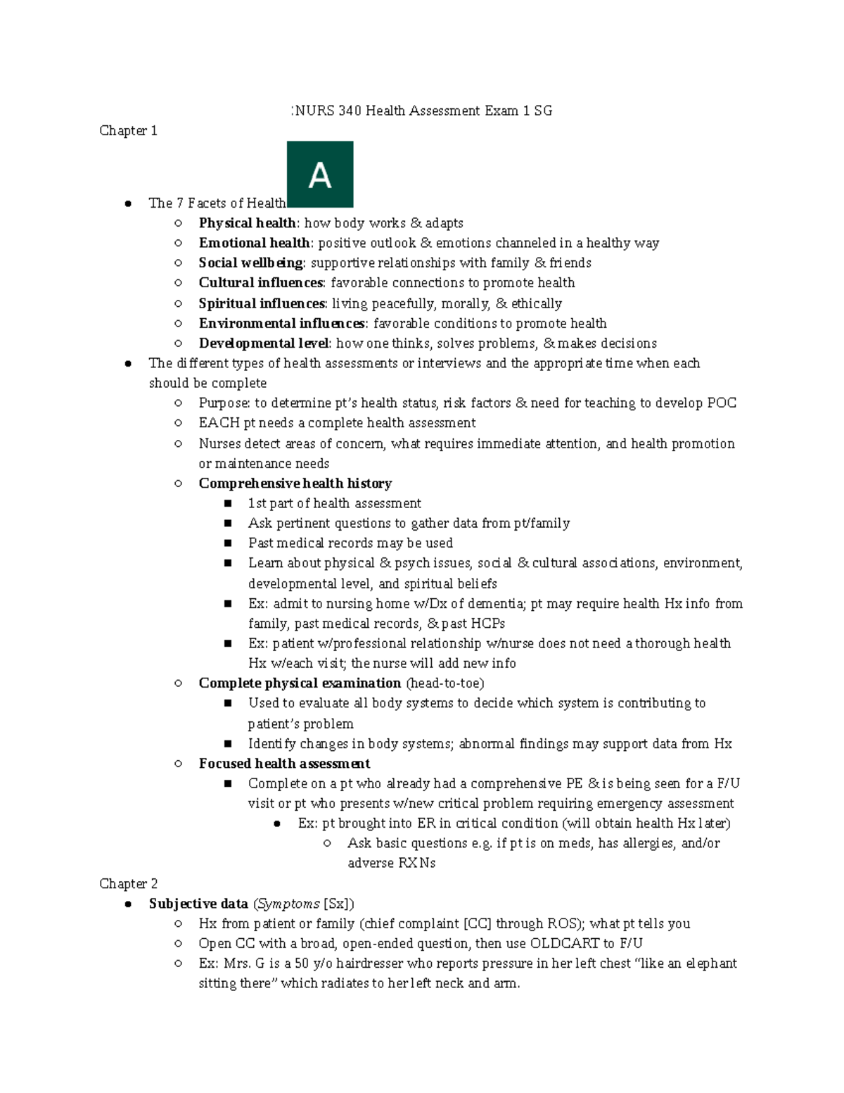 340 Health Assessment Exam 1 SG 1 - :NURS 340 Health Assessment Exam 1 ...