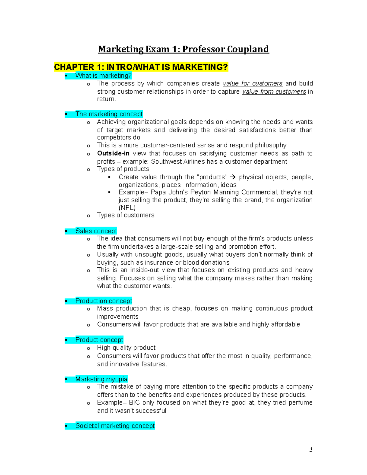 Marketing Exam 1 Study Guide Marketing Exam 1 Professor Coupland Marketing Exam 1 Study Guide Marketing Exam 1 Professor Coupland