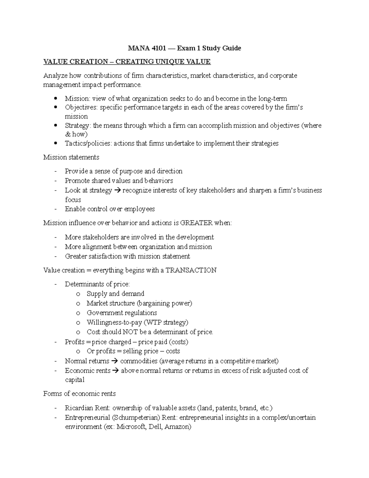 MANA 4101 Test 1 Study Guide - MANA 4101 — Exam 1 Study Guide VALUE ...