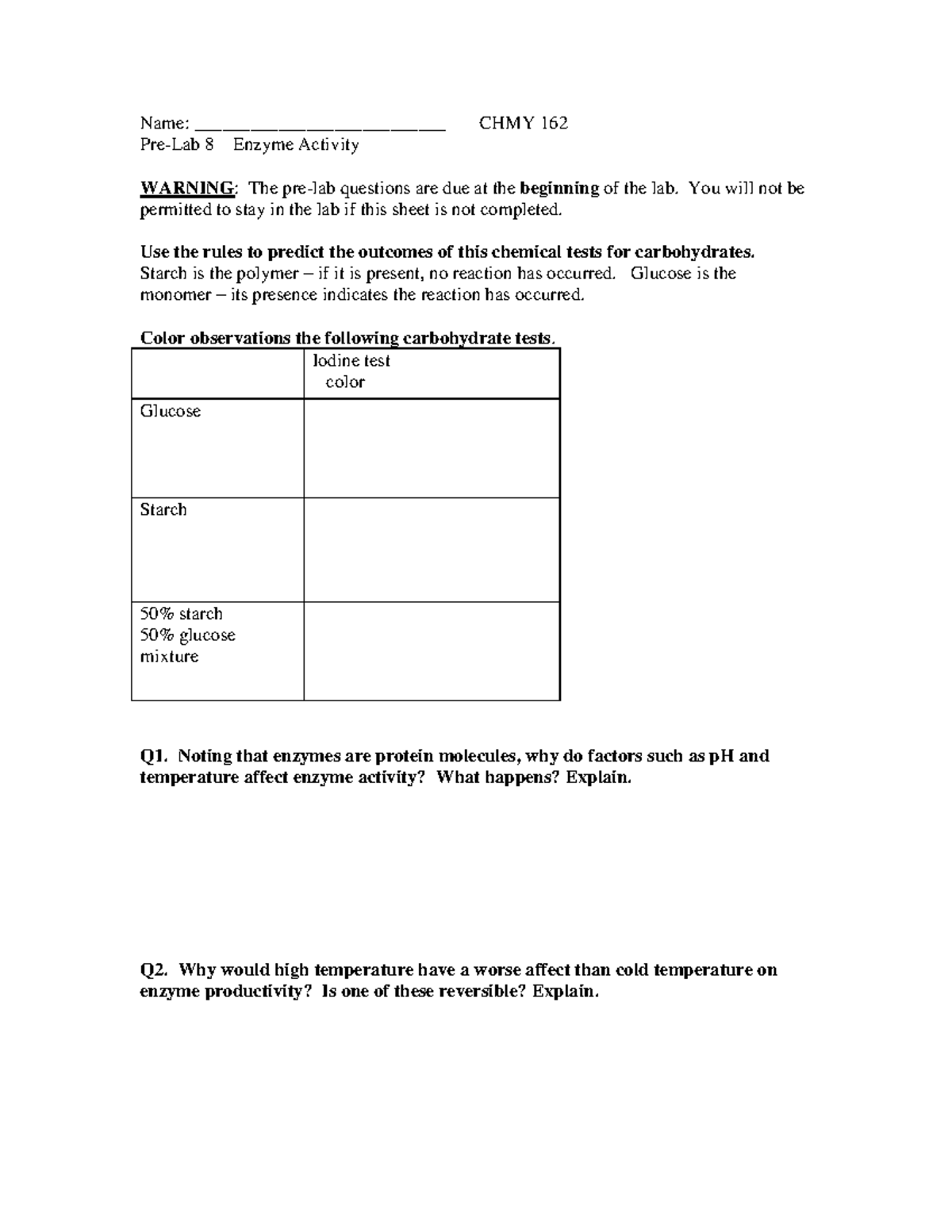 CHMY 162 Lab 8 Enzymes Cor - Name: ___________________________ CHMY 162 ...