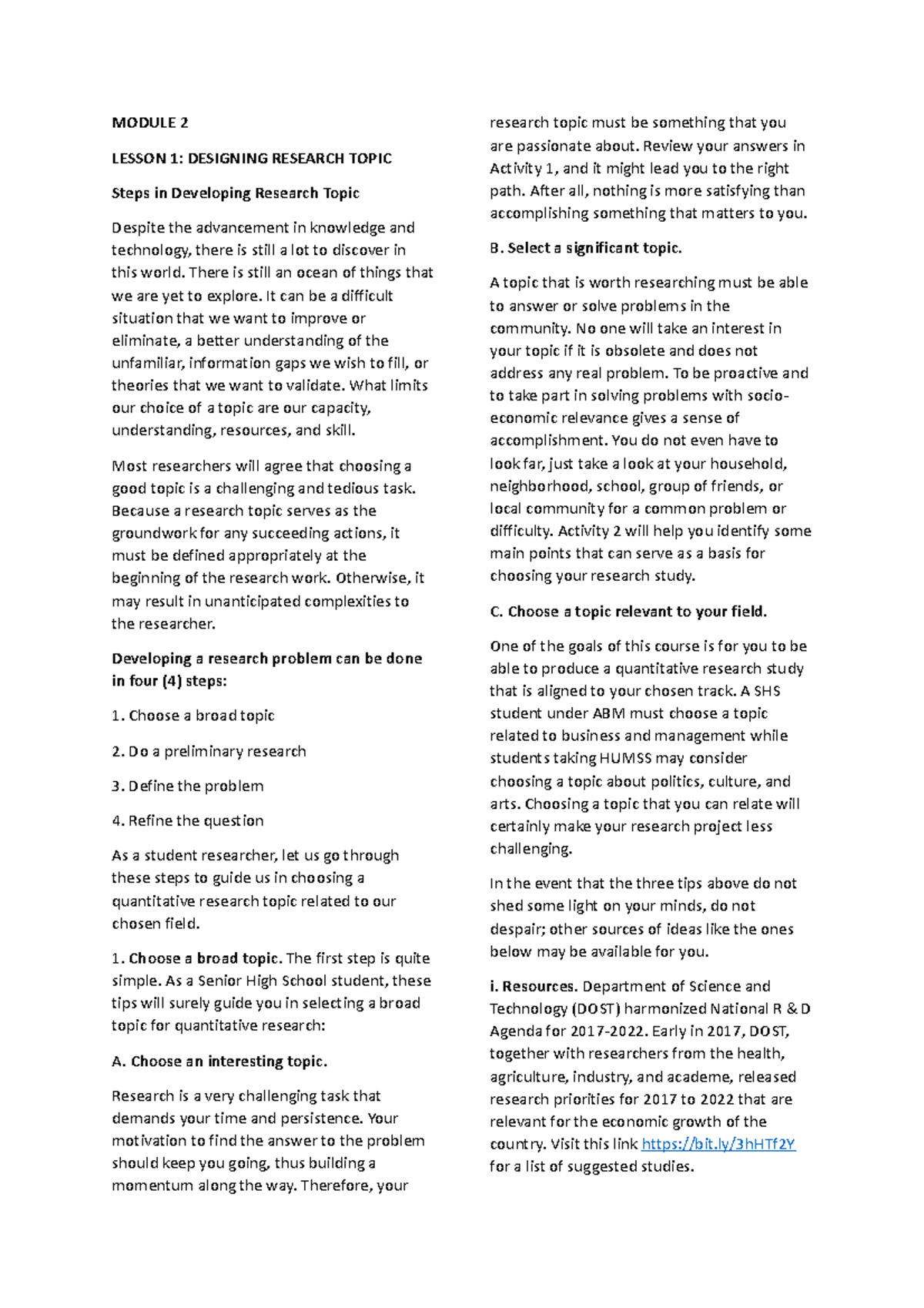 PR-2- Module-2 - MODULE 2 LESSON 1: DESIGNING RESEARCH TOPIC Steps in ...
