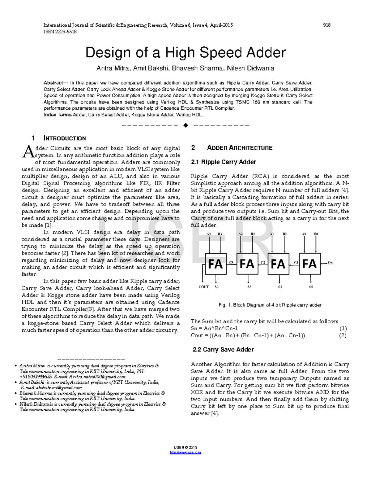 Design of a High Speed Adder - ISSN 2229- IJSER © 2015 Design of a High ...
