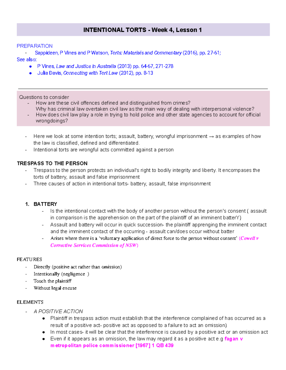 LAWS 1051- intentional torts lecture/ tutorial notes and summarys ...