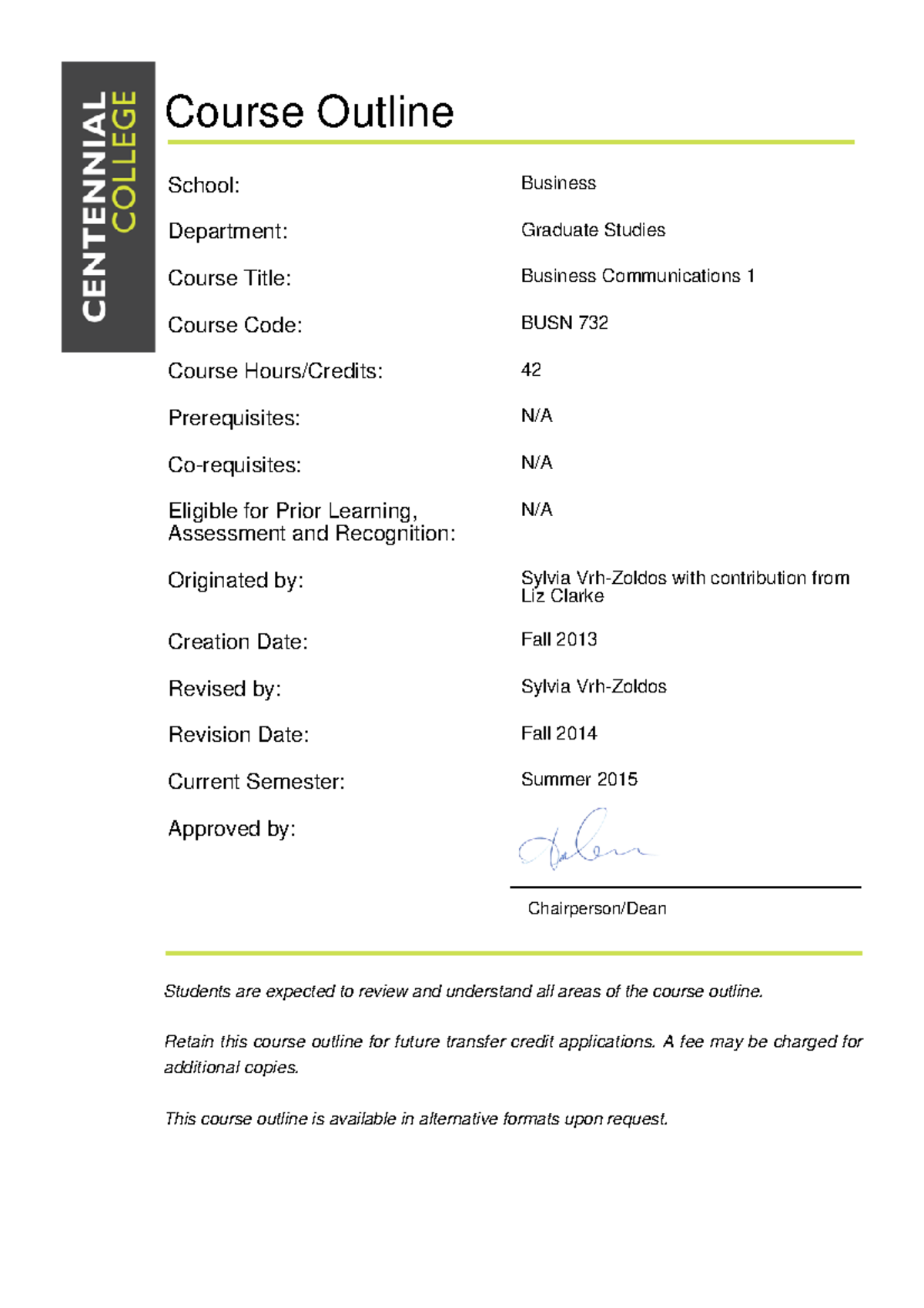 BUSN-732 - One year Postgraduate Certificate program - Course Outline ...