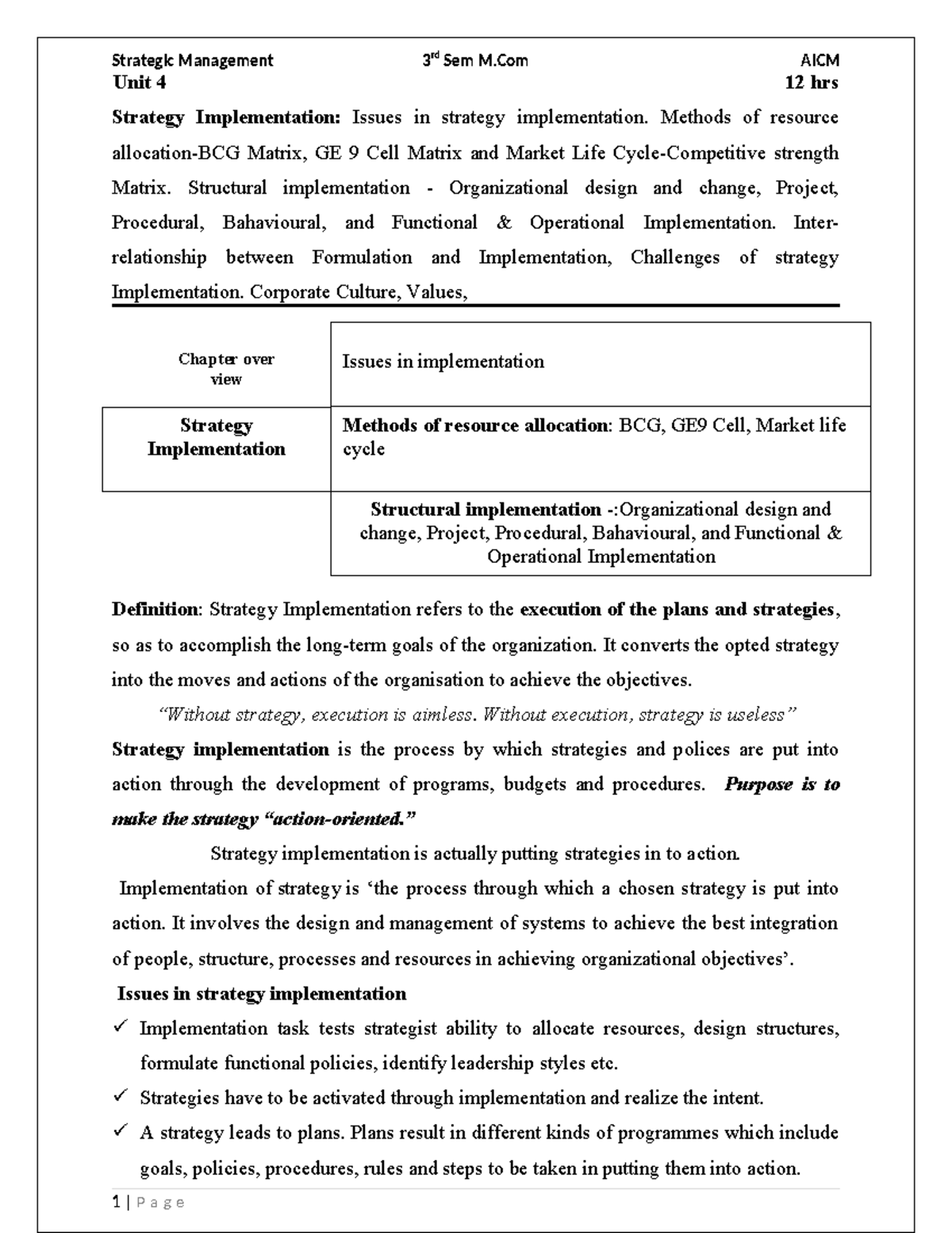 Strategic management - Strategy Implementation Issues in implementation ...