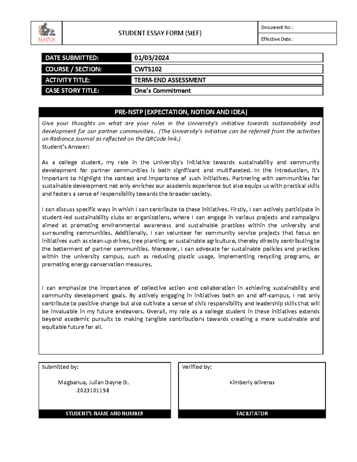 Magbanua J- CWTS102-B10-TEE1 - STUDENT ESSAY FORM (StEF) Document No ...