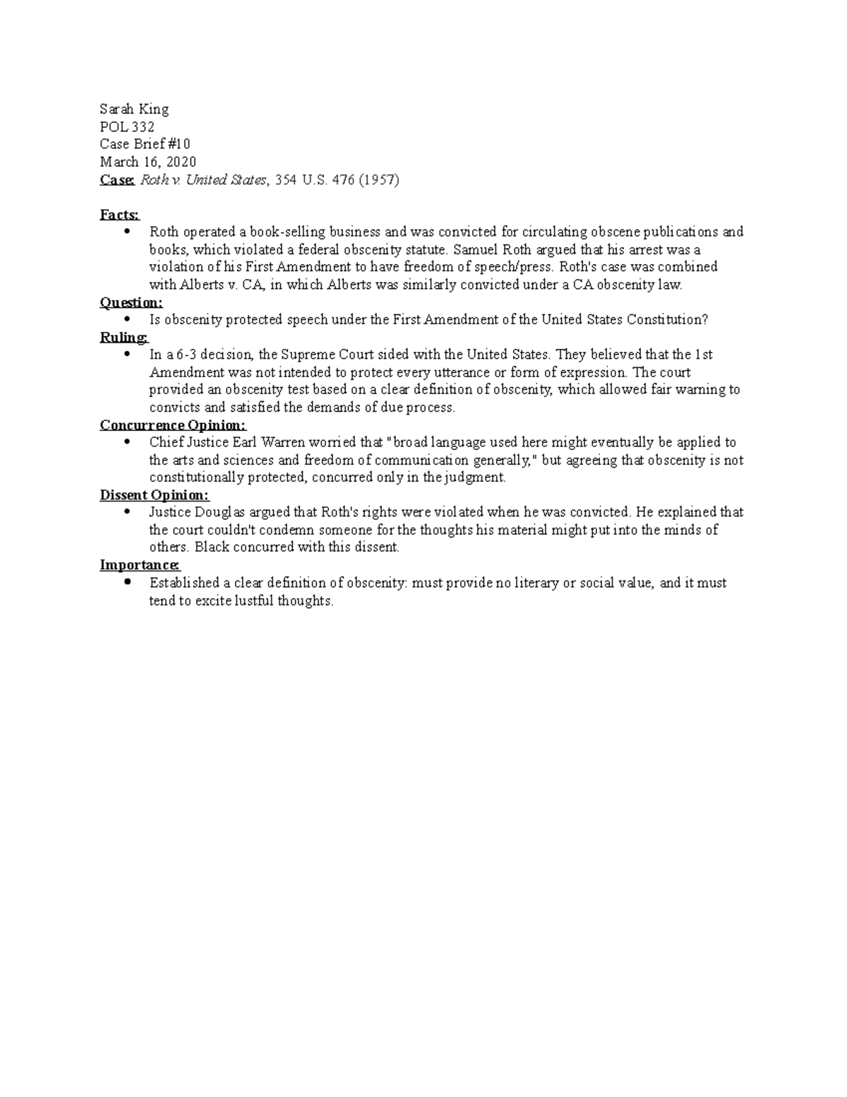 Brief 10 notes Sarah King POL 332 Case Brief March 16, 2020 Case Roth v. United States