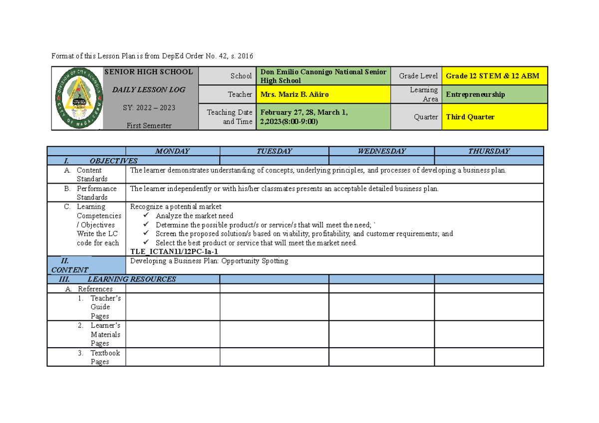 DLL. Entrep-Q2-WEEK 2 - lesson plan - Format of this Lesson Plan is ...