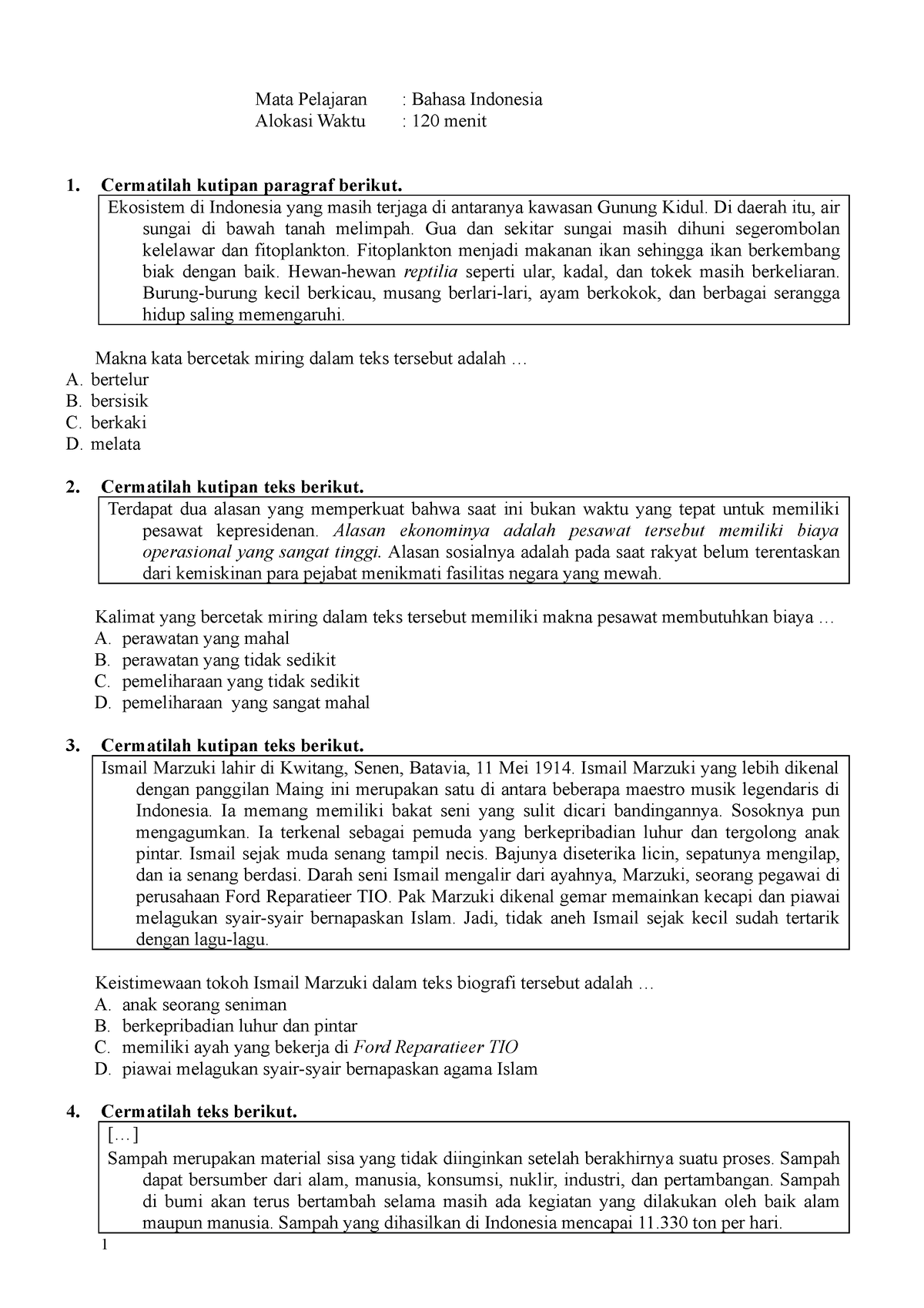 Bahasa Indonesia Contoh Latihan Soal Bahasa Indonesia 22 - Mata ...