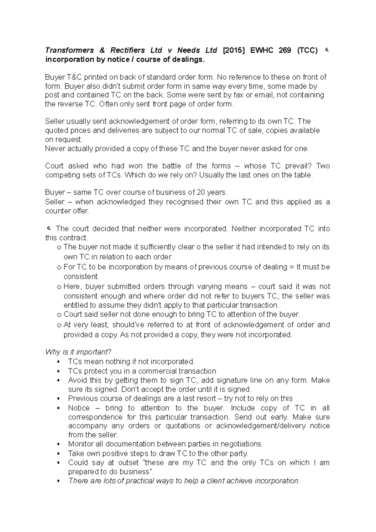 Importance of Transformer Case Transformers & Rectifiers Ltd v Needs