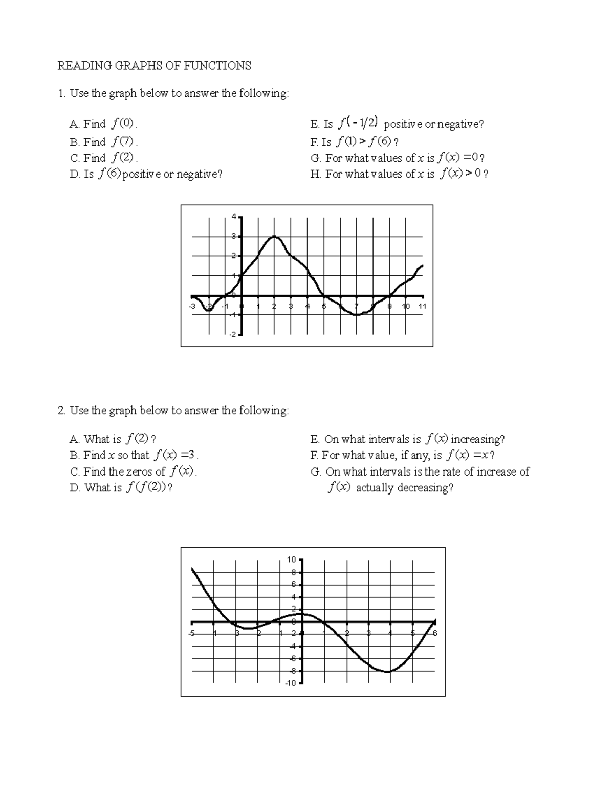 Reading Graphs - practice math homework - READING GRAPHS OF FUNCTIONS 1 ...