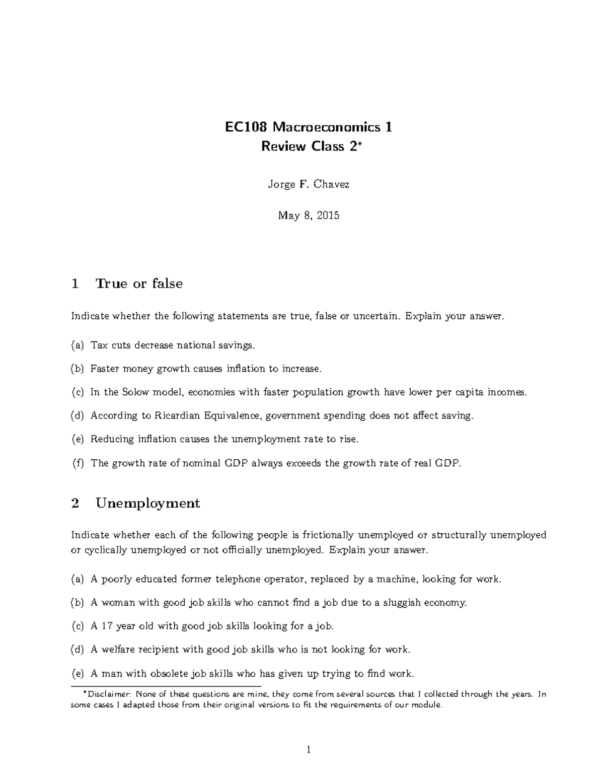 EC108 2014-2015 Review Class - EC108 Macroeconomics 1 Review Class 2∗ ...