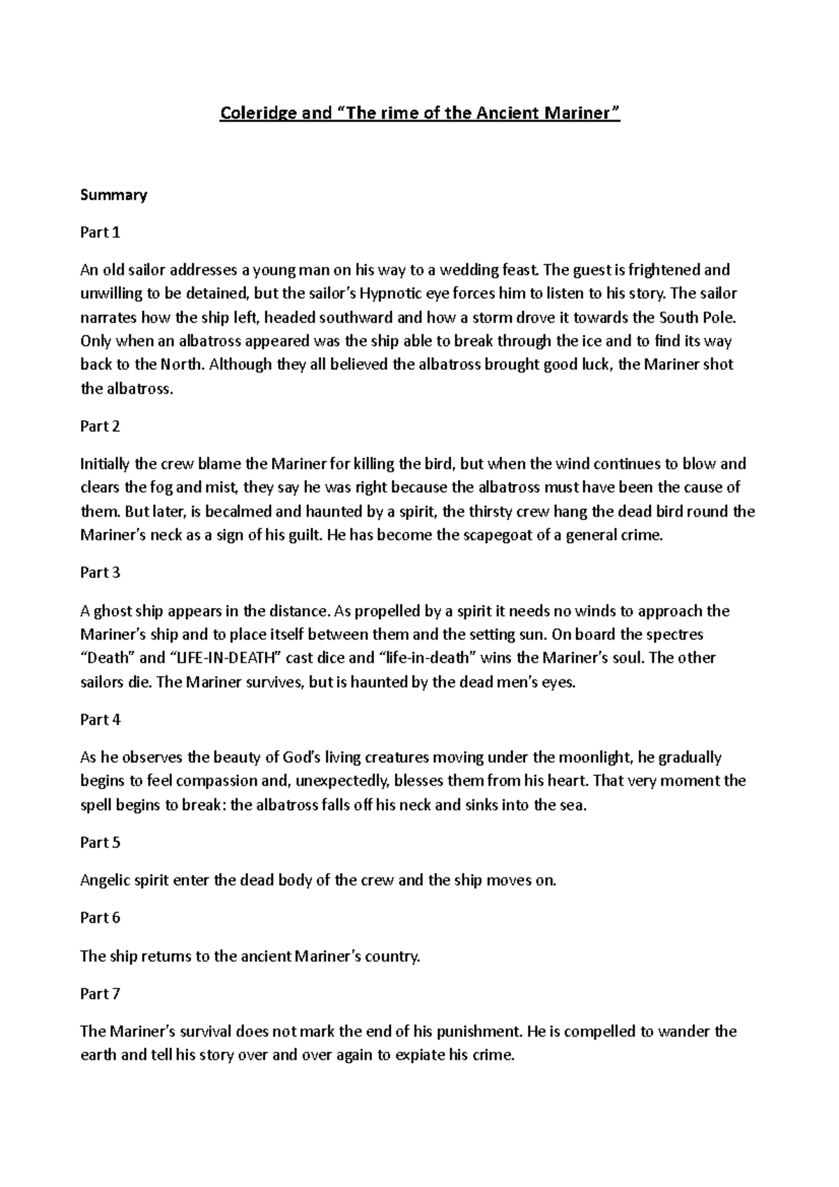 ù Summary by chapters of the Rime of the Ancient Mariner by Samuel Taylor Coleridge