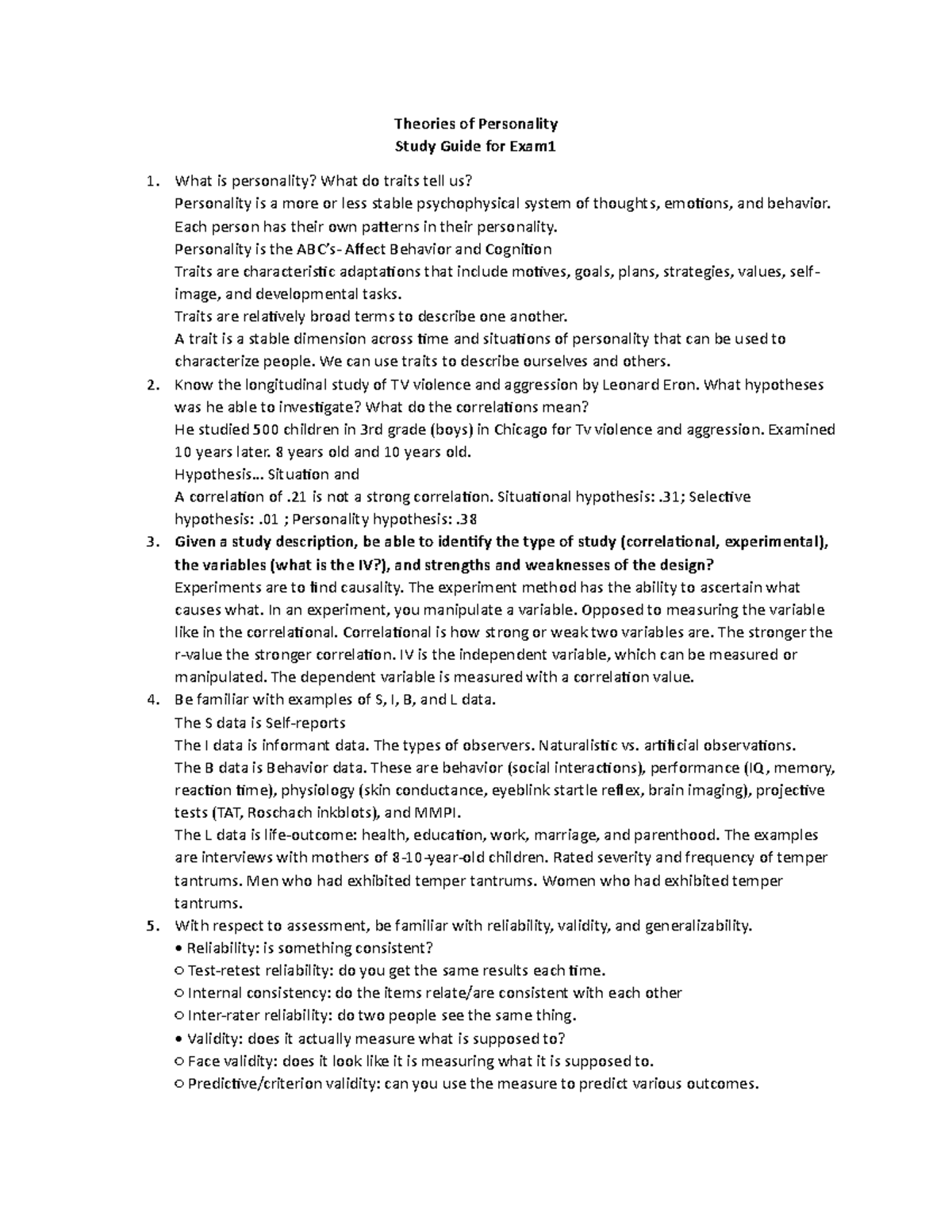 Study Guide-1 - Answers - Theories of Personality Study Guide for Exam ...