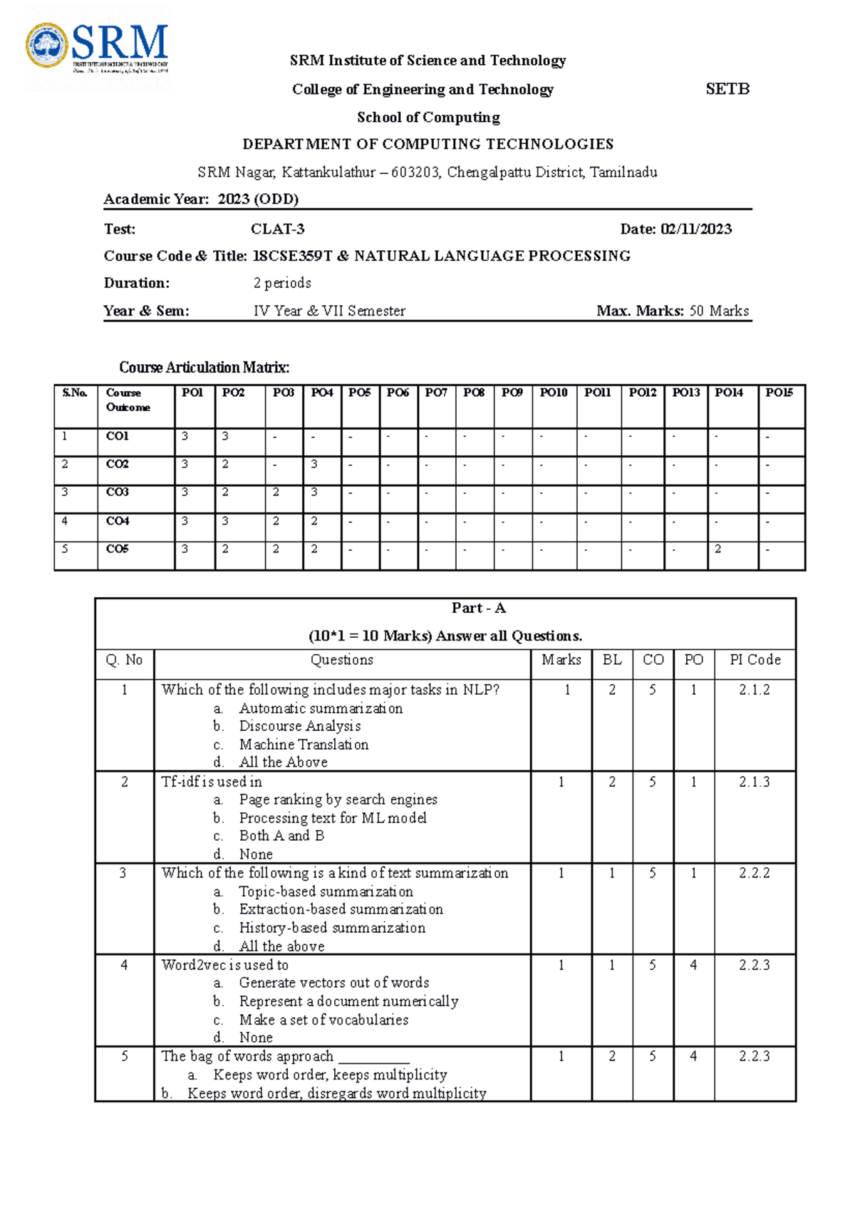 CT3 Set B - Qwerty - SRM Institute Of Science And Technology College Of ...