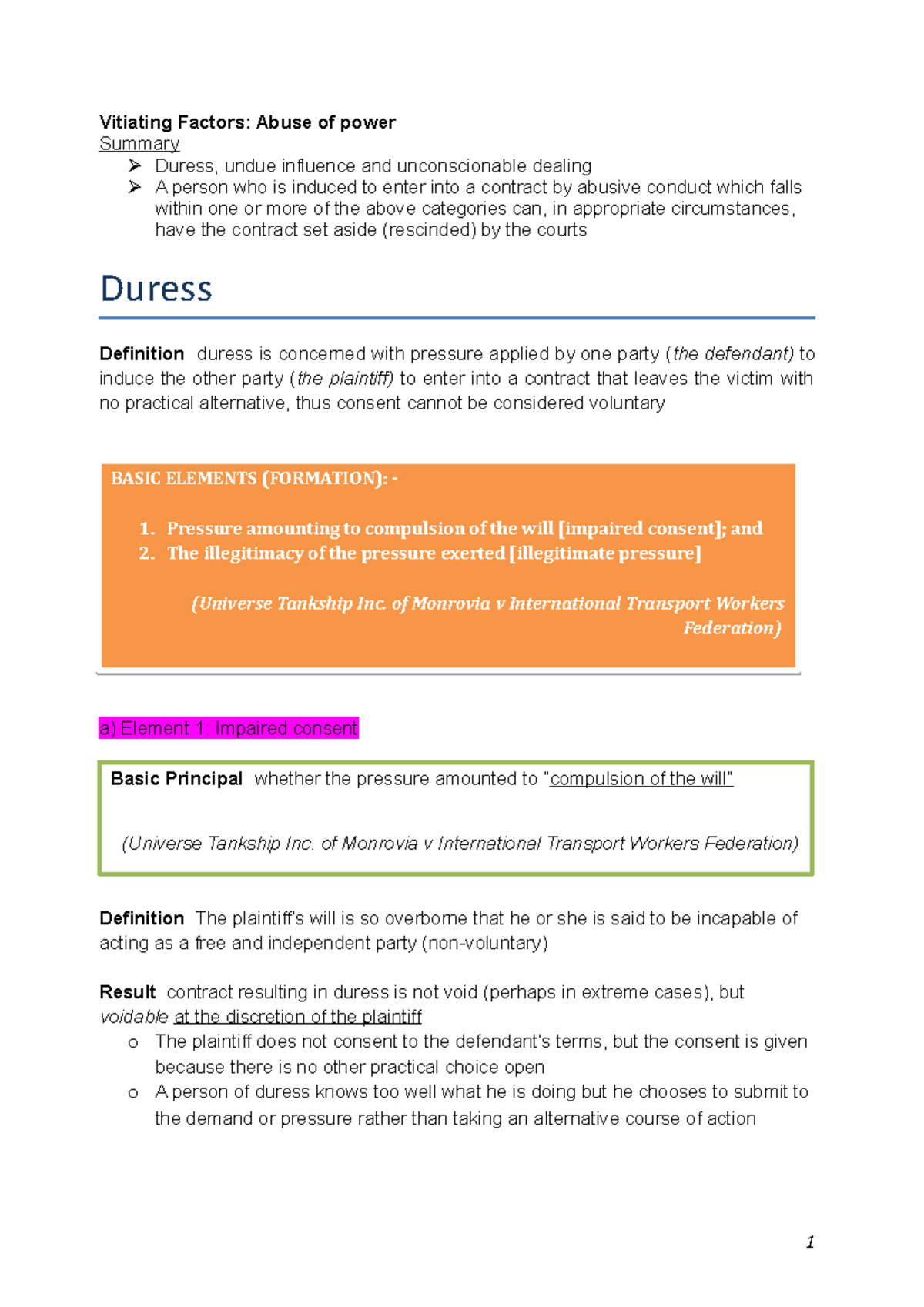 Exam-notes-b - Contracts B Exam Notes - Vitiating Factors: Abuse Of ...