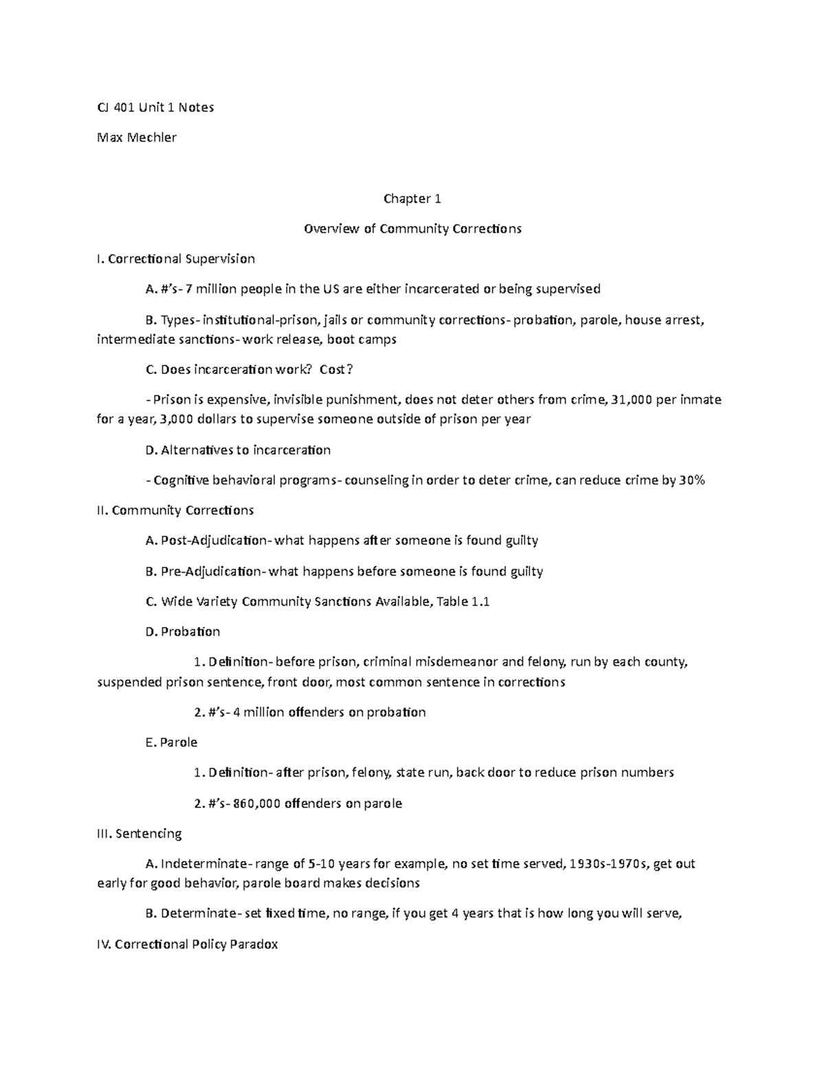 CJ 401 Unit 1 Notes - community corrections by rachel courset - CJ 401 ...