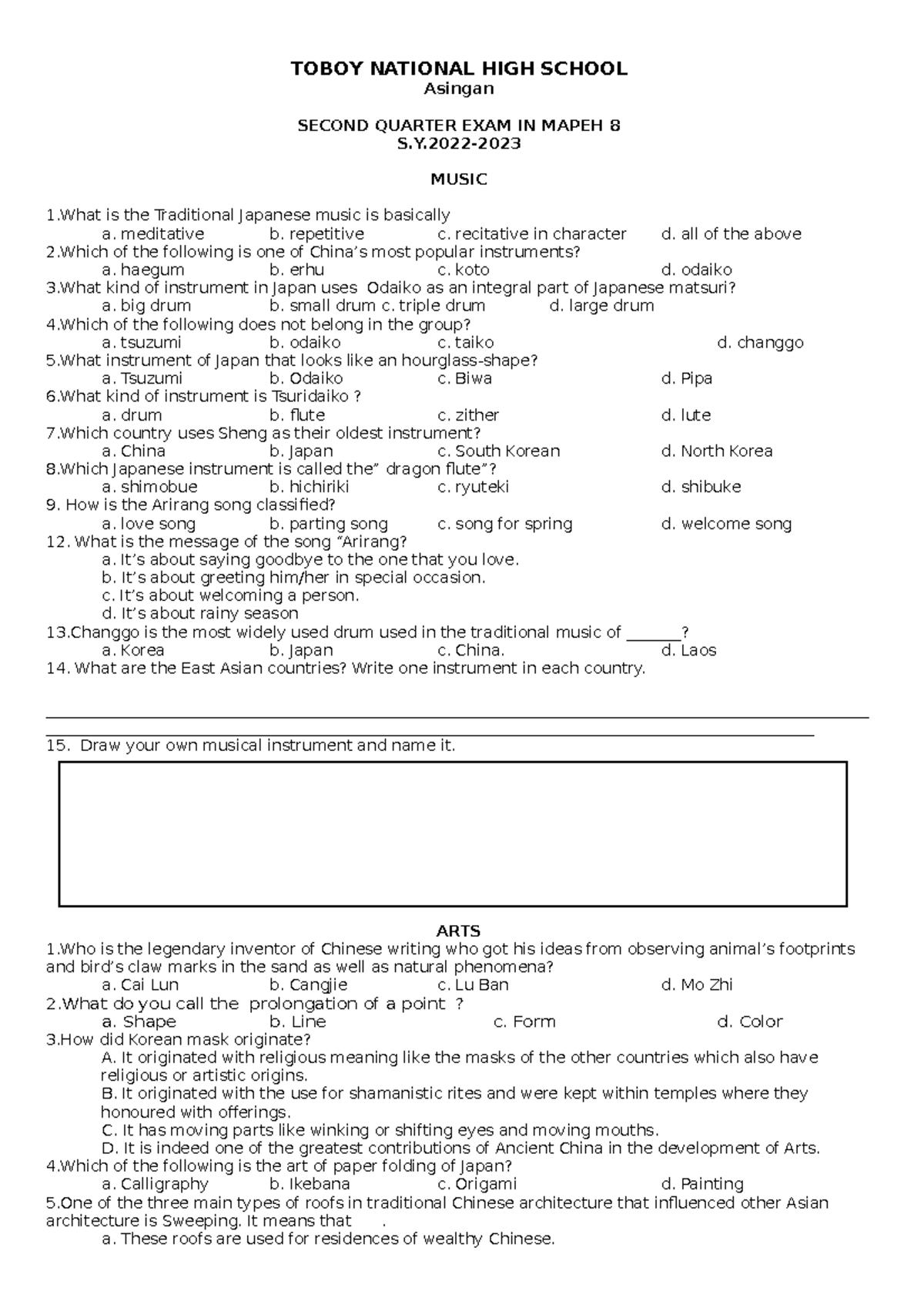 Grade 8 2nd Quarter Exam - TOBOY NATIONAL HIGH SCHOOL Asingan SECOND ...