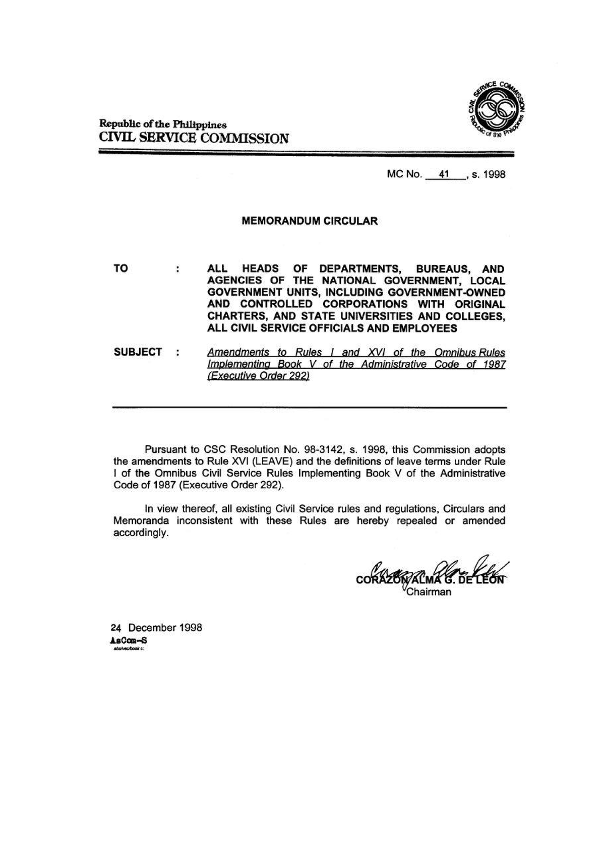 Mc41s1998 Ched memorandum order - BSED English - Studocu