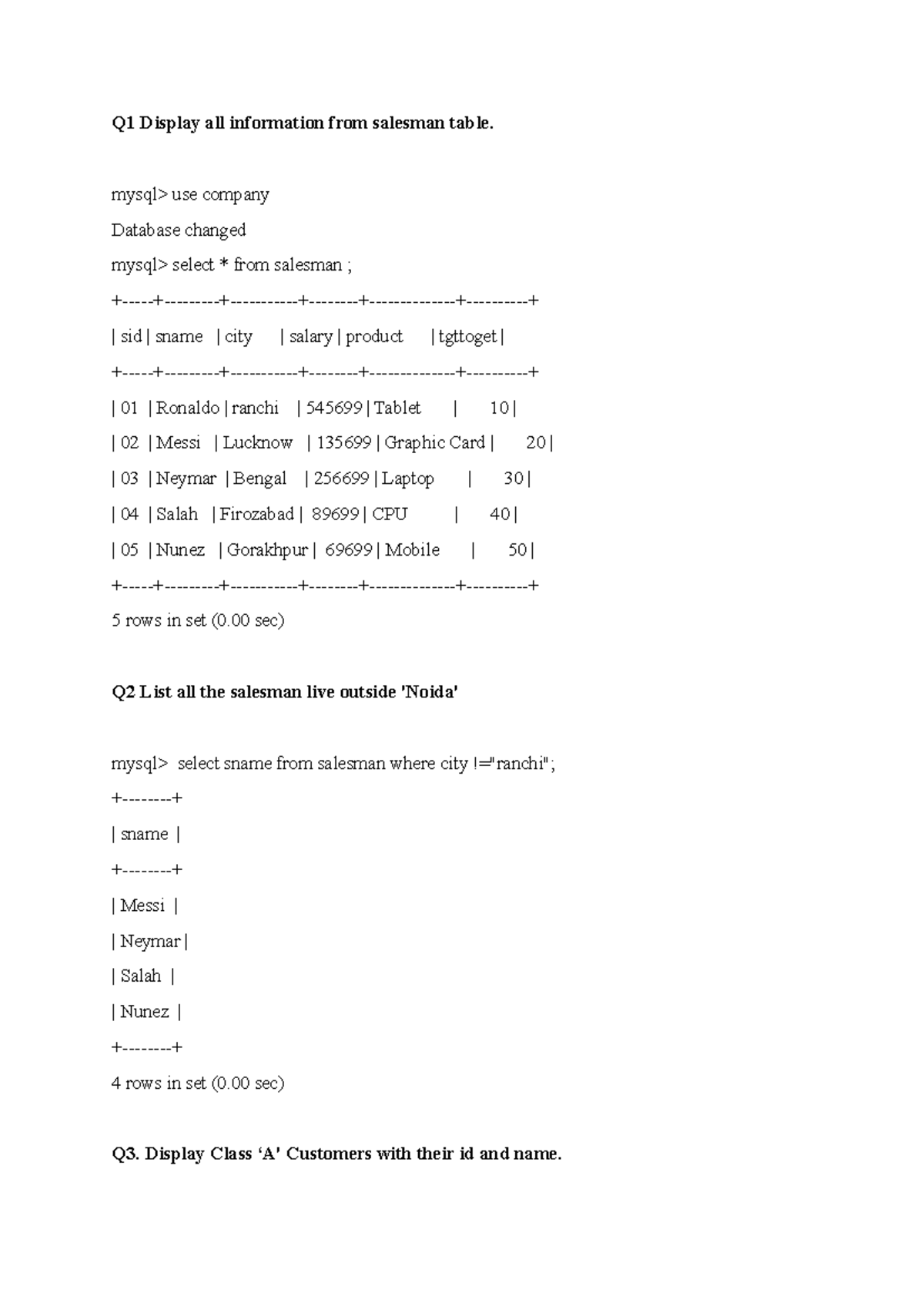 Sql pratical - Q1 Display all information from salesman table. mysql ...