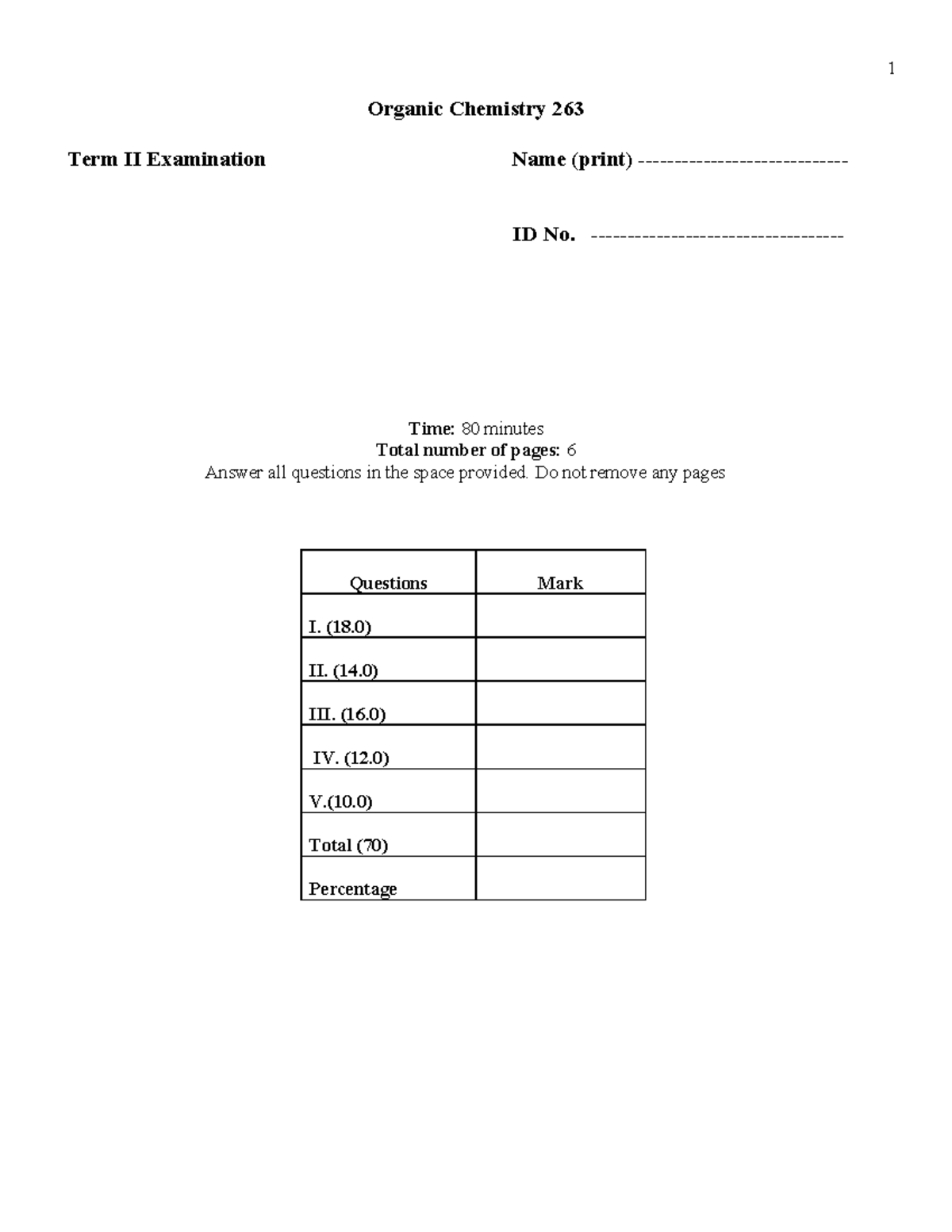 263 Term-II practice exam - Organic Chemistry 263 Term II Examination ...