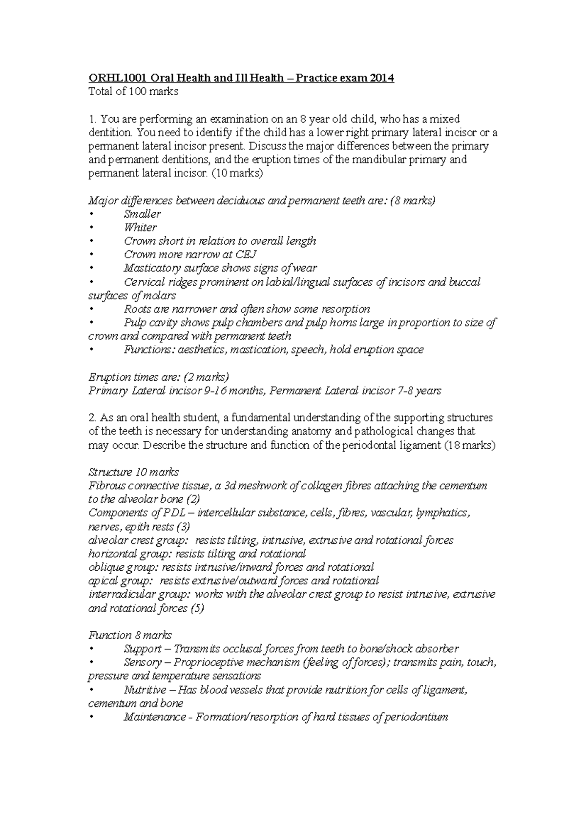 Practise exam answers 2014 ORHL1001 Oral Health and Ill Health