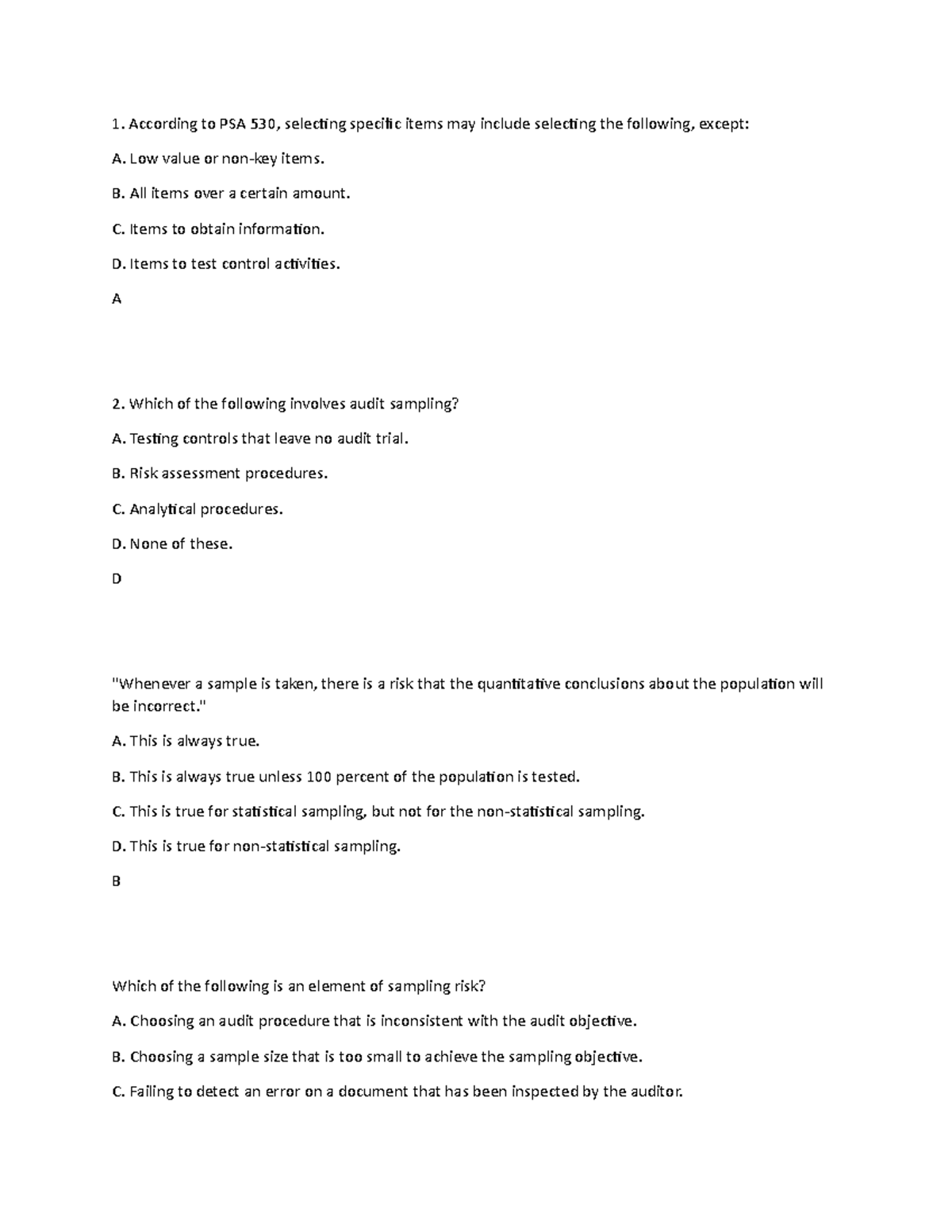 Chapter 11 - Auditing test bank - According to PSA 530, selecting ...