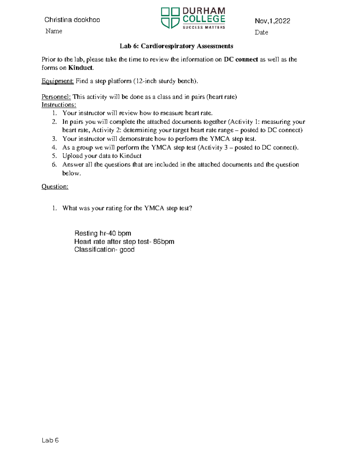 Lab 6 Cardiorespiratory assessments - In person - Lab 6 Lab 6 ...