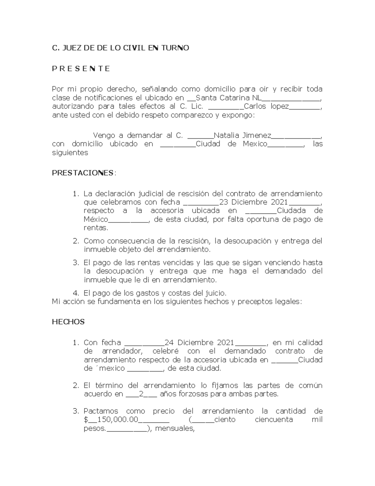Demandaaa - demanda ejemplo/machote - C. JUEZ DE DE LO CIVIL EN TURNO P ...