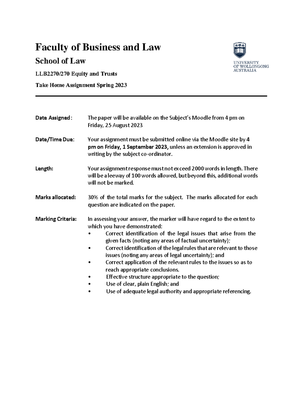 LLB 2270 2023 Midsemester Assignment Paper v5 - Faculty of Business and ...