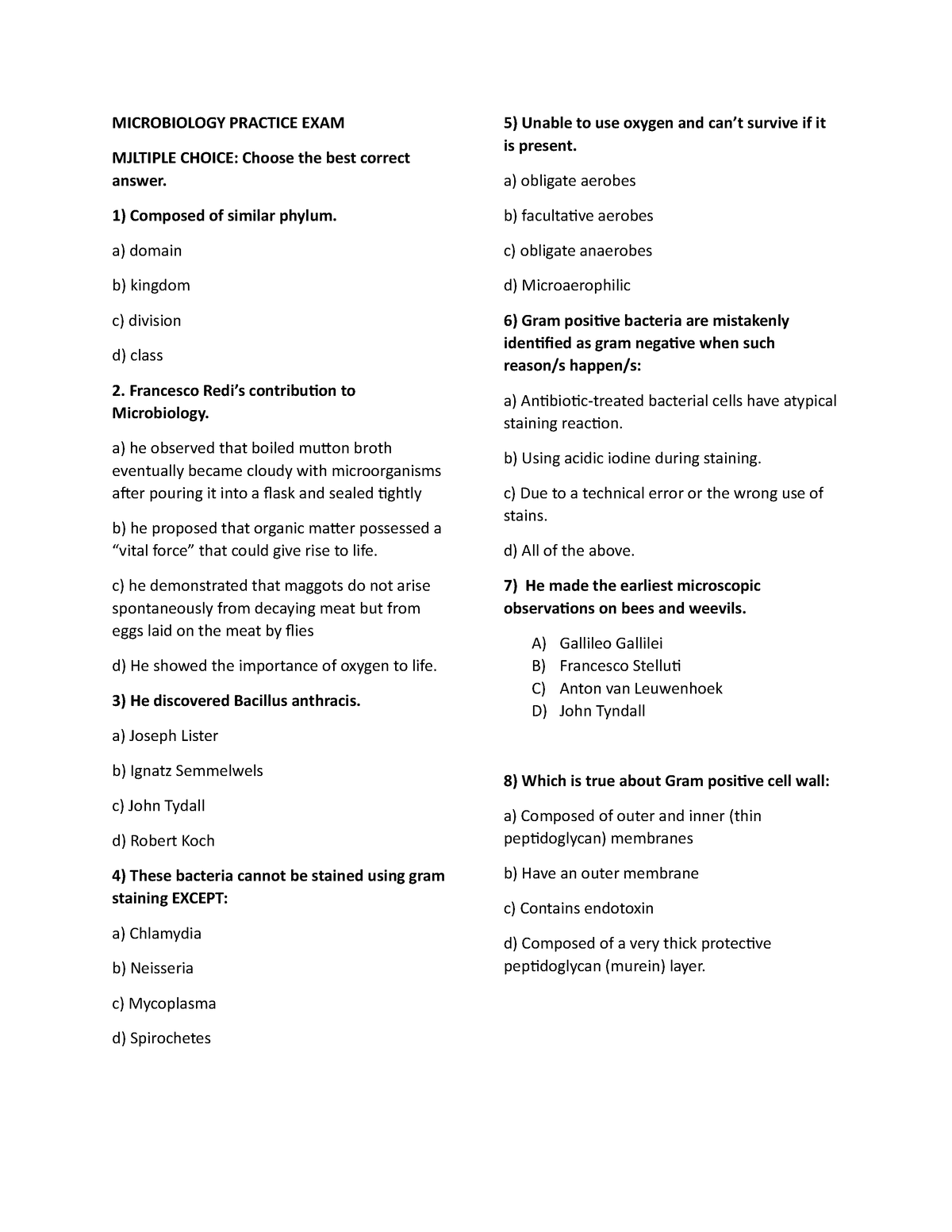 Microbiology Practice EXAM - MICROBIOLOGY PRACTICE EXAM MJLTIPLE CHOICE ...