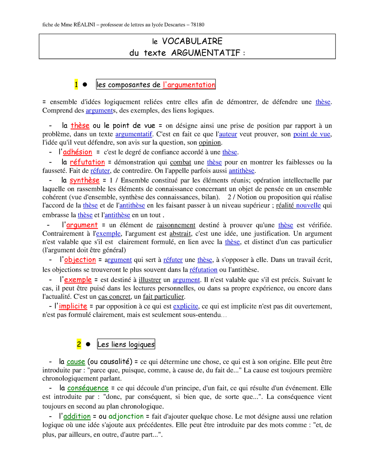 Fiche Vocabulaire De Largumentation Le Vocabulaire Du Texte Argumentatif 1 Les Composantes De Studocu