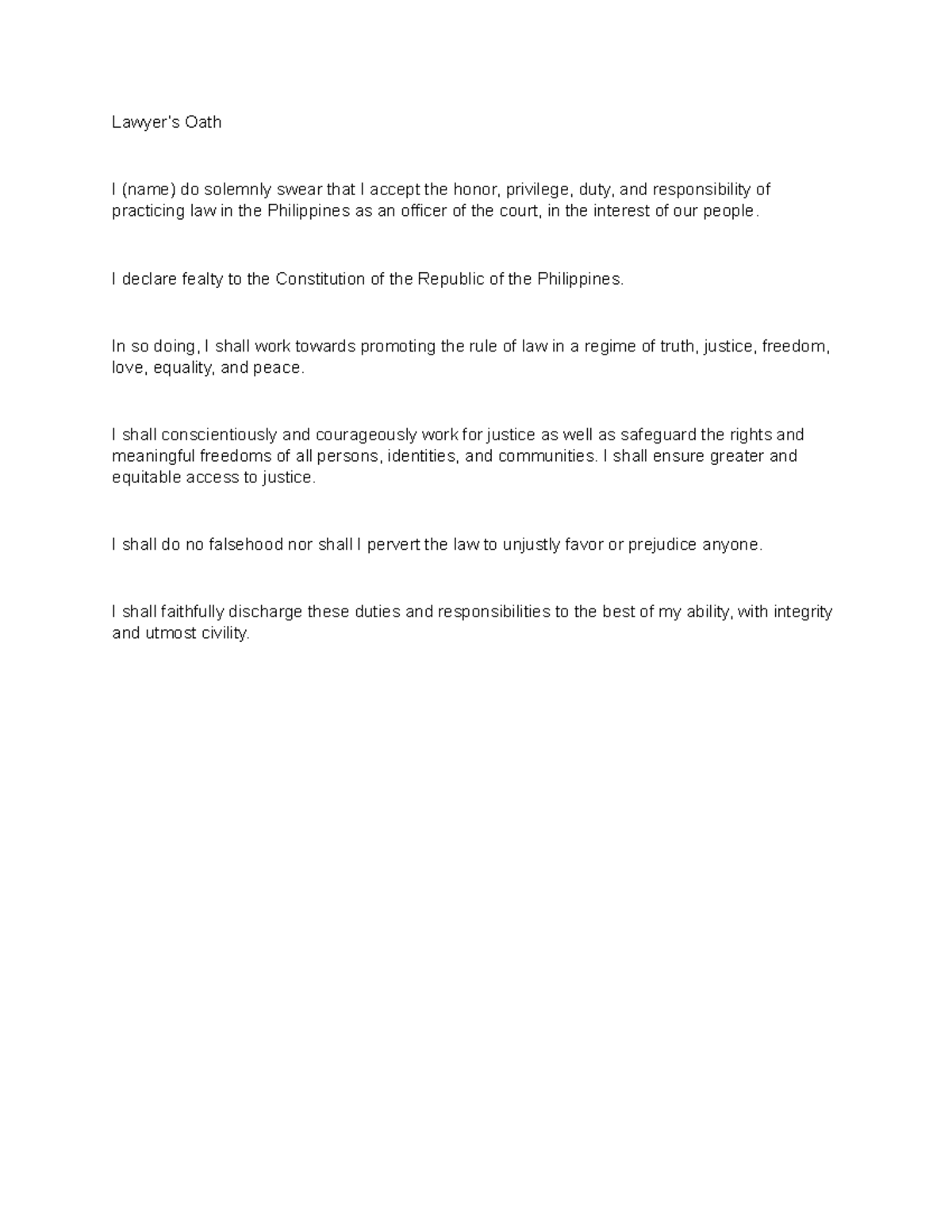 Lawyers Oath corpo law Lawyer’s Oath I (name) do solemnly swear