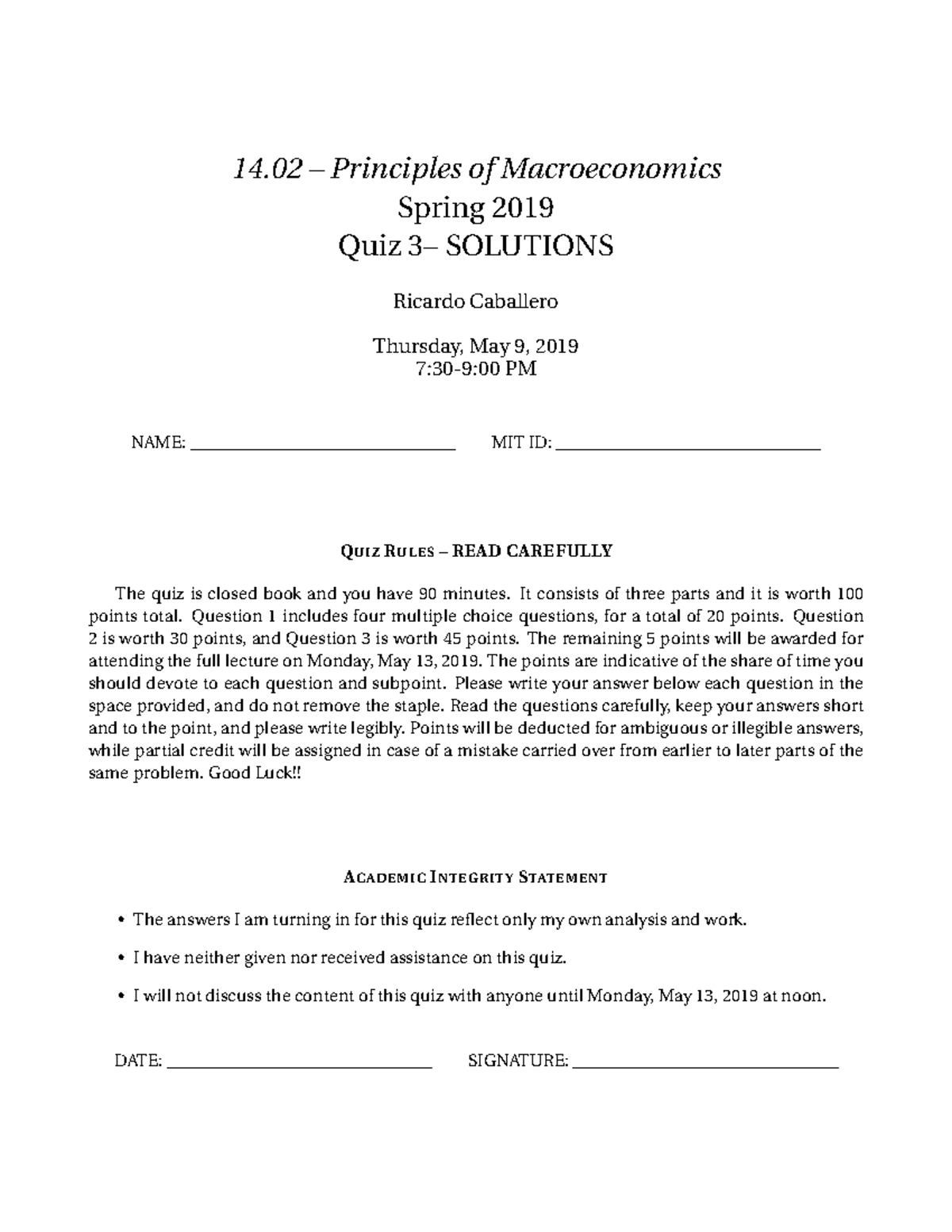 Midterm 3 Problems - 14 – Principles of Macroeconomics Spring 2019 Quiz ...