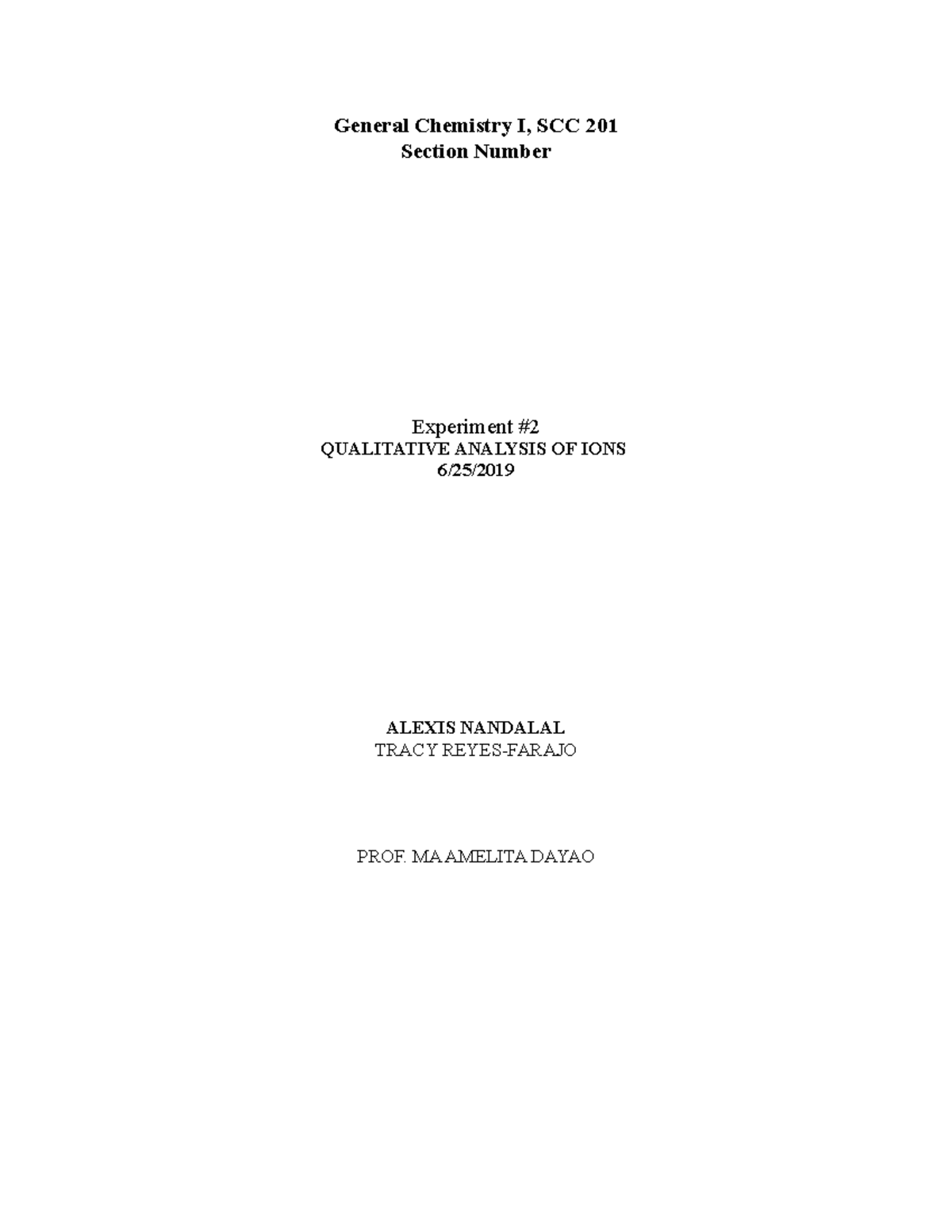 Chem 201 Experiment 2 Lab Report - General Chemistry I, SCC 201 Section ...