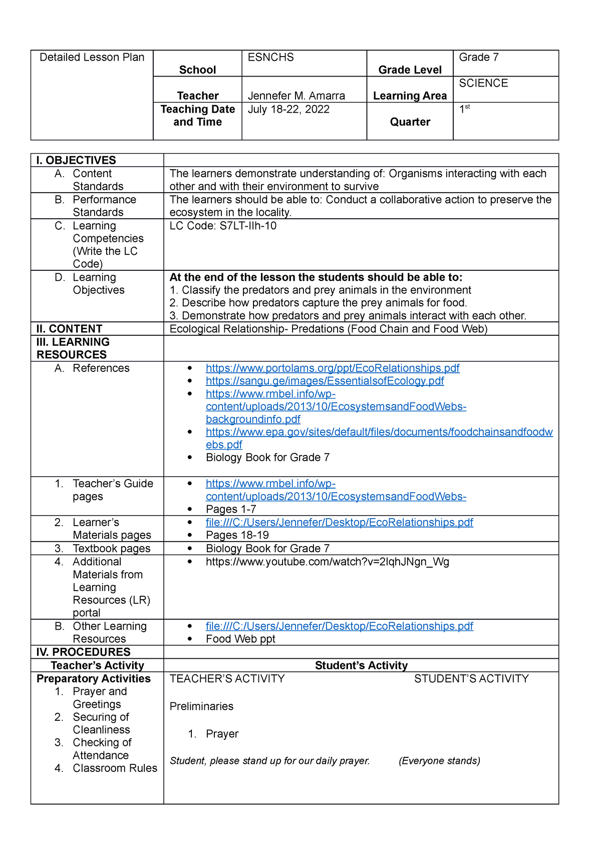 7Es Lesson Plan None Detailed Lesson Plan School ESNCHS Grade Level 