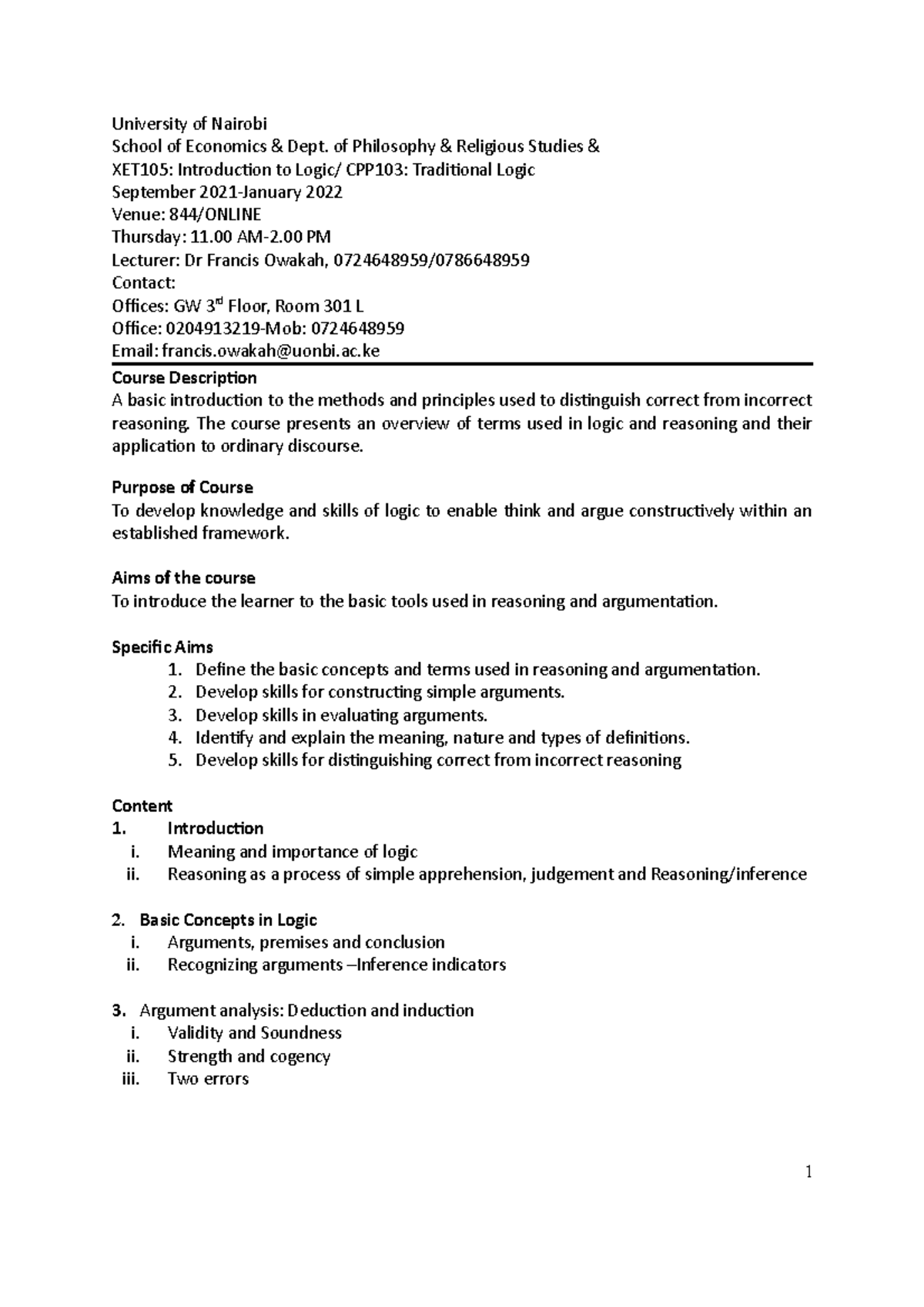 CPP103 Traditional Logic Course outline Sept 2021-Jan 2022 - University ...