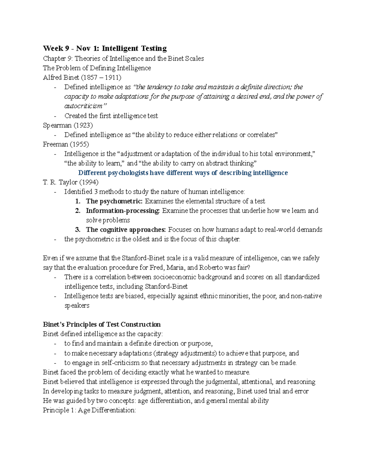 PSYC37 Midterm 2 Chapter Notes - Week 9 - Nov 1: Intelligent Testing ...