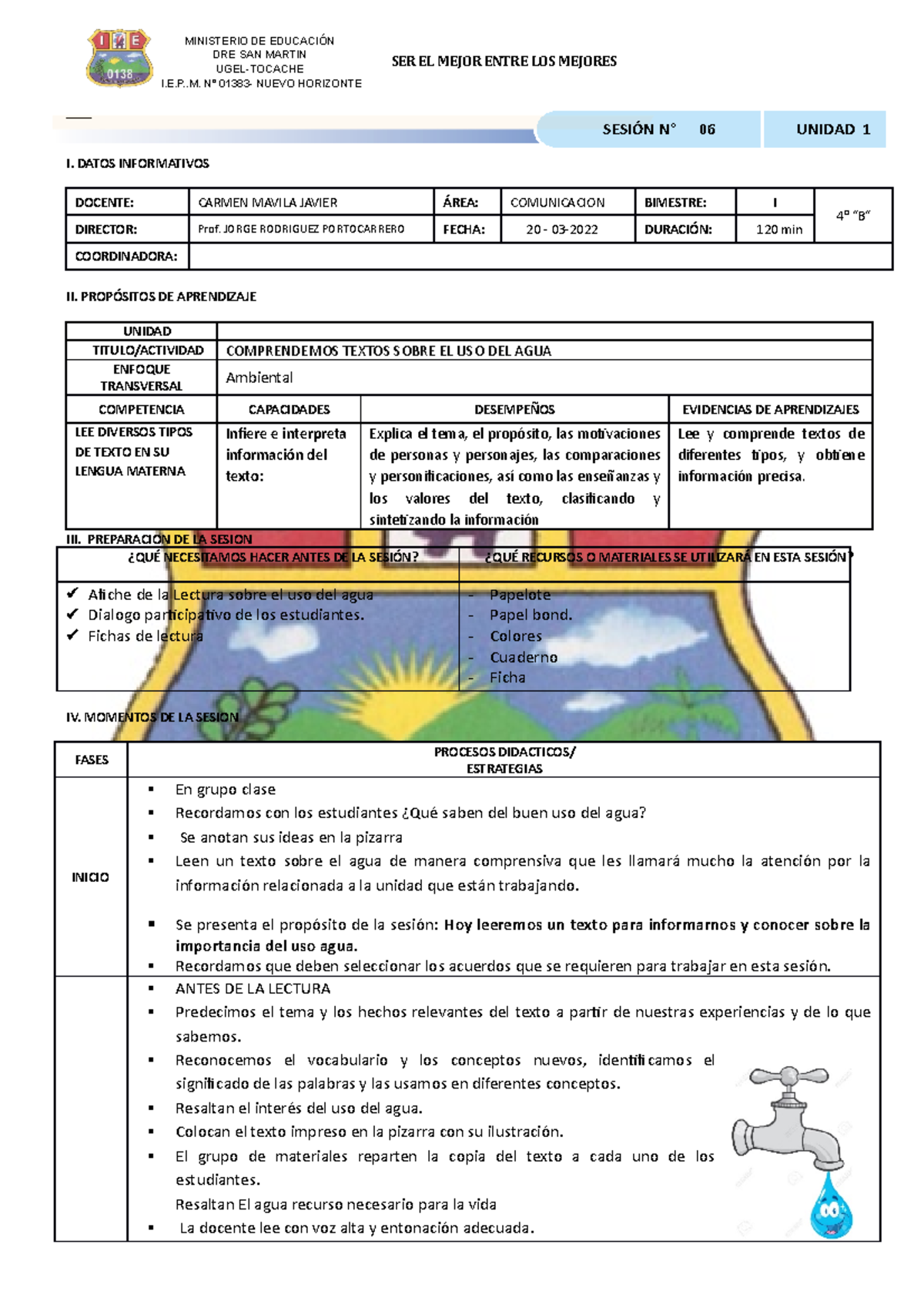 Sesion Comprendemos Textos Sobre EL USO DEL AGUA - I. DATOS ...