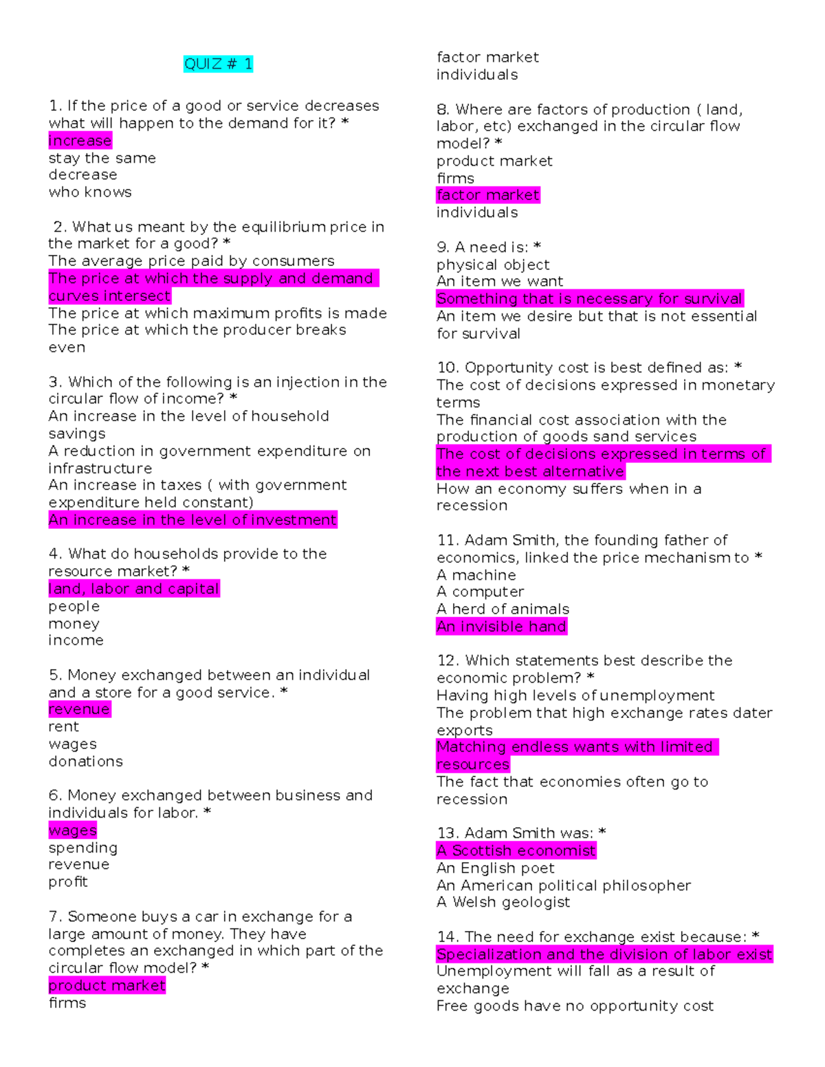 economic development quiz and answers QUIZ 1 If the price of a good