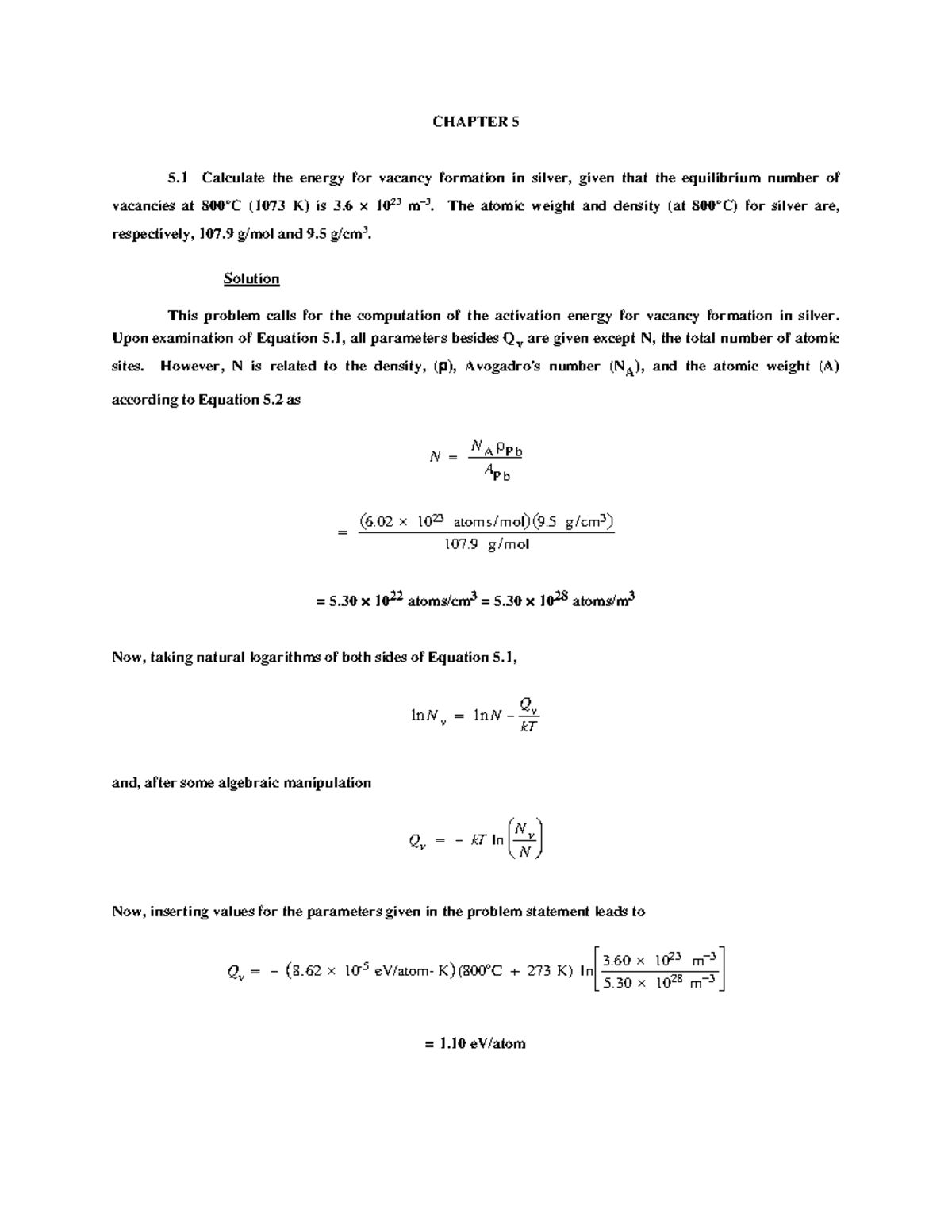 Ch05-HW Solution - 재료과학 - CHAPTER 5 5 Calculate the energy for vacancy ...