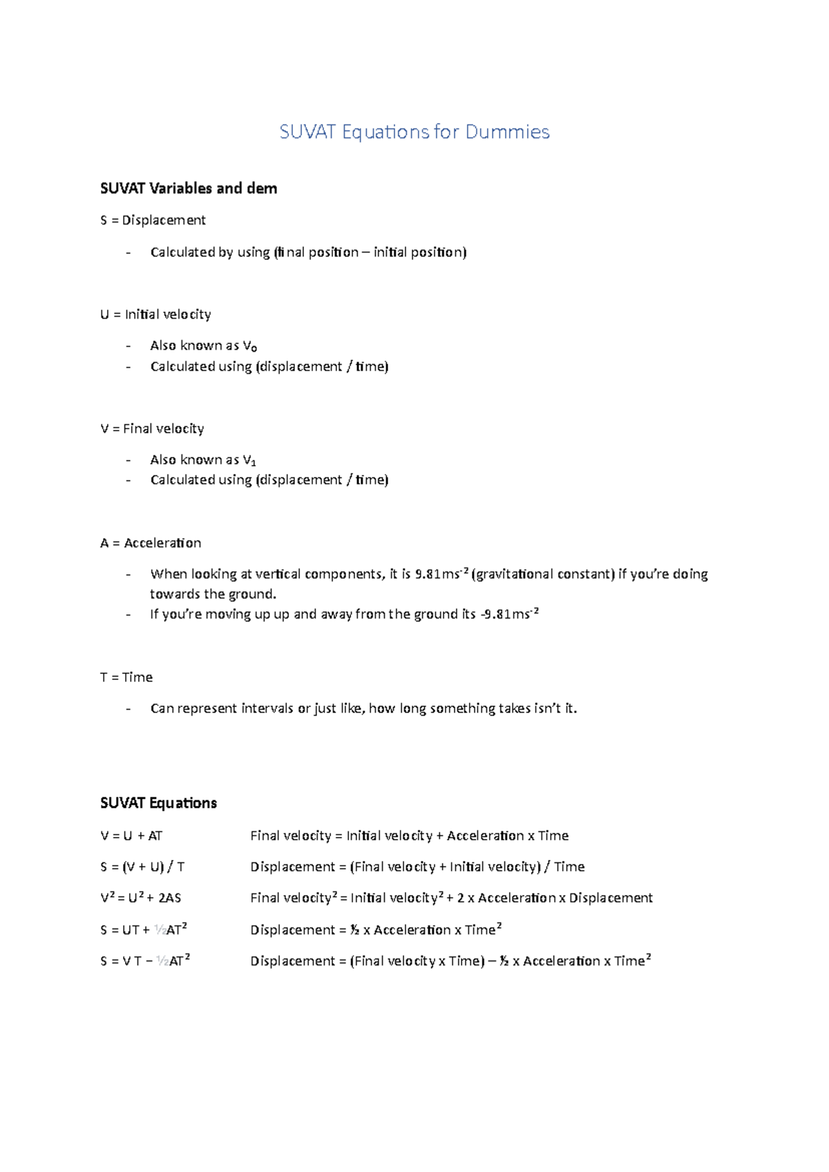 Suvat Equations for Dummies - SUVAT Equations for Dummies SUVAT ...