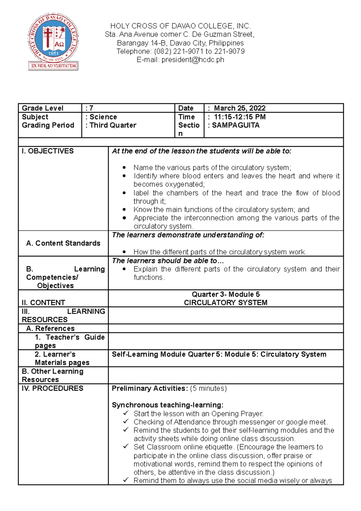 Castro Lesson PLAN Circulatory System - HOLY CROSS OF DAVAO COLLEGE ...