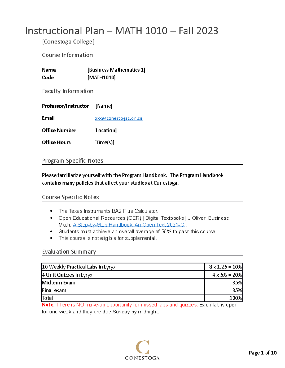 MATH1010 Instructional Plan Fall 2023 updated - [Conestoga College ...