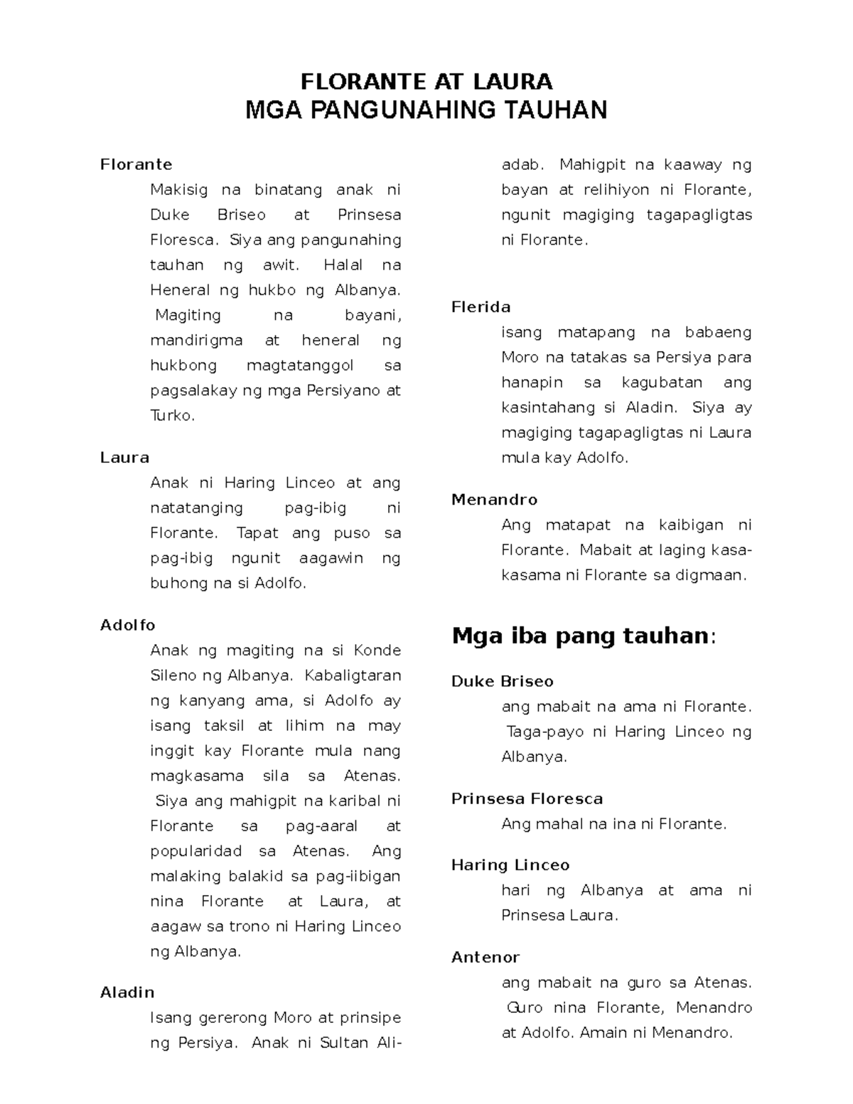 Tauhan Ng Florante At Laura Florante At Laura Mga Pangunahing Tauhan Florante Makisig Na 4661